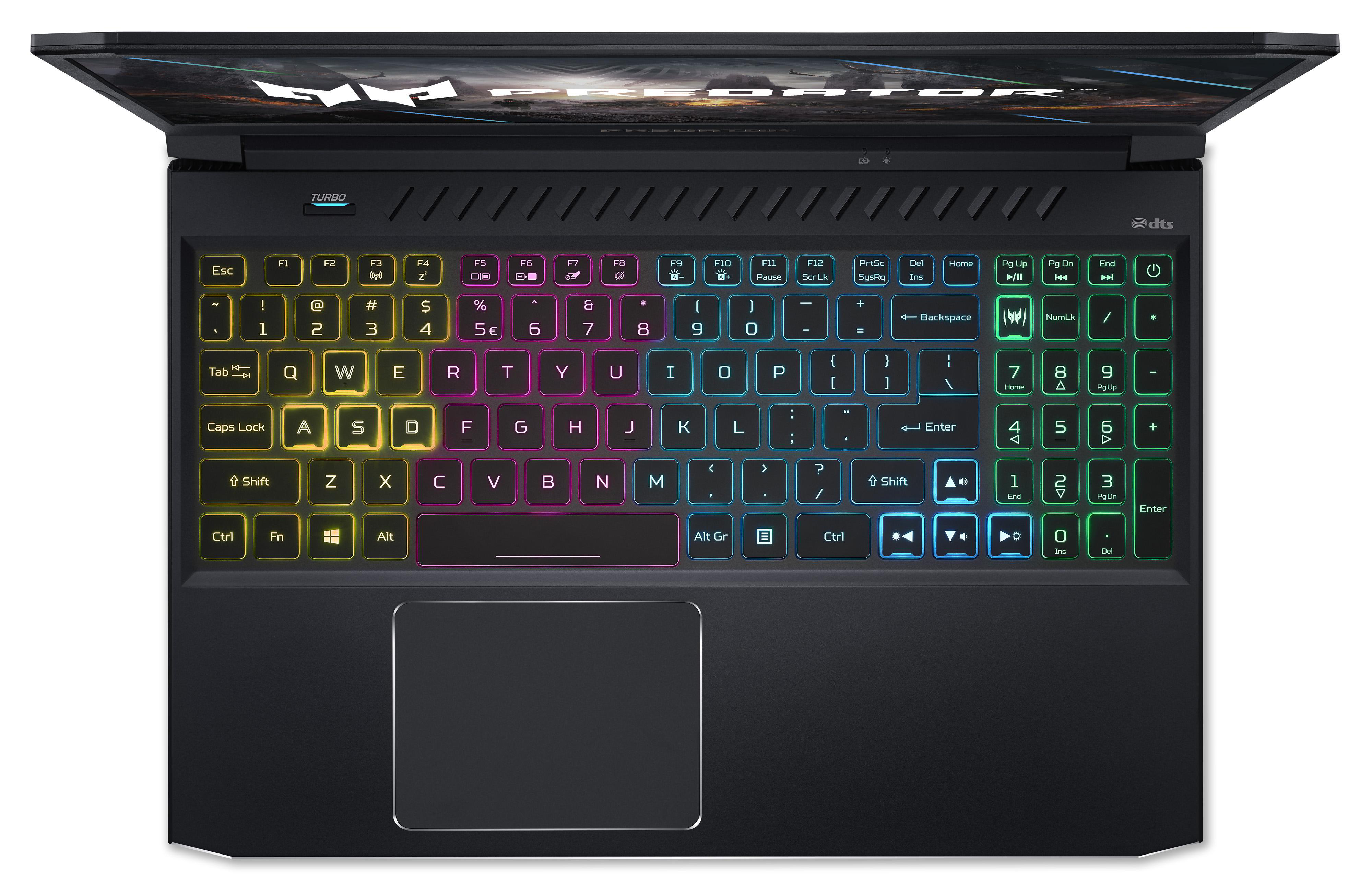 Laptop-Tastatur mit farbenfroher Hintergrundbeleuchtung, von oben betrachtet, mit schwarzer Oberfläche.