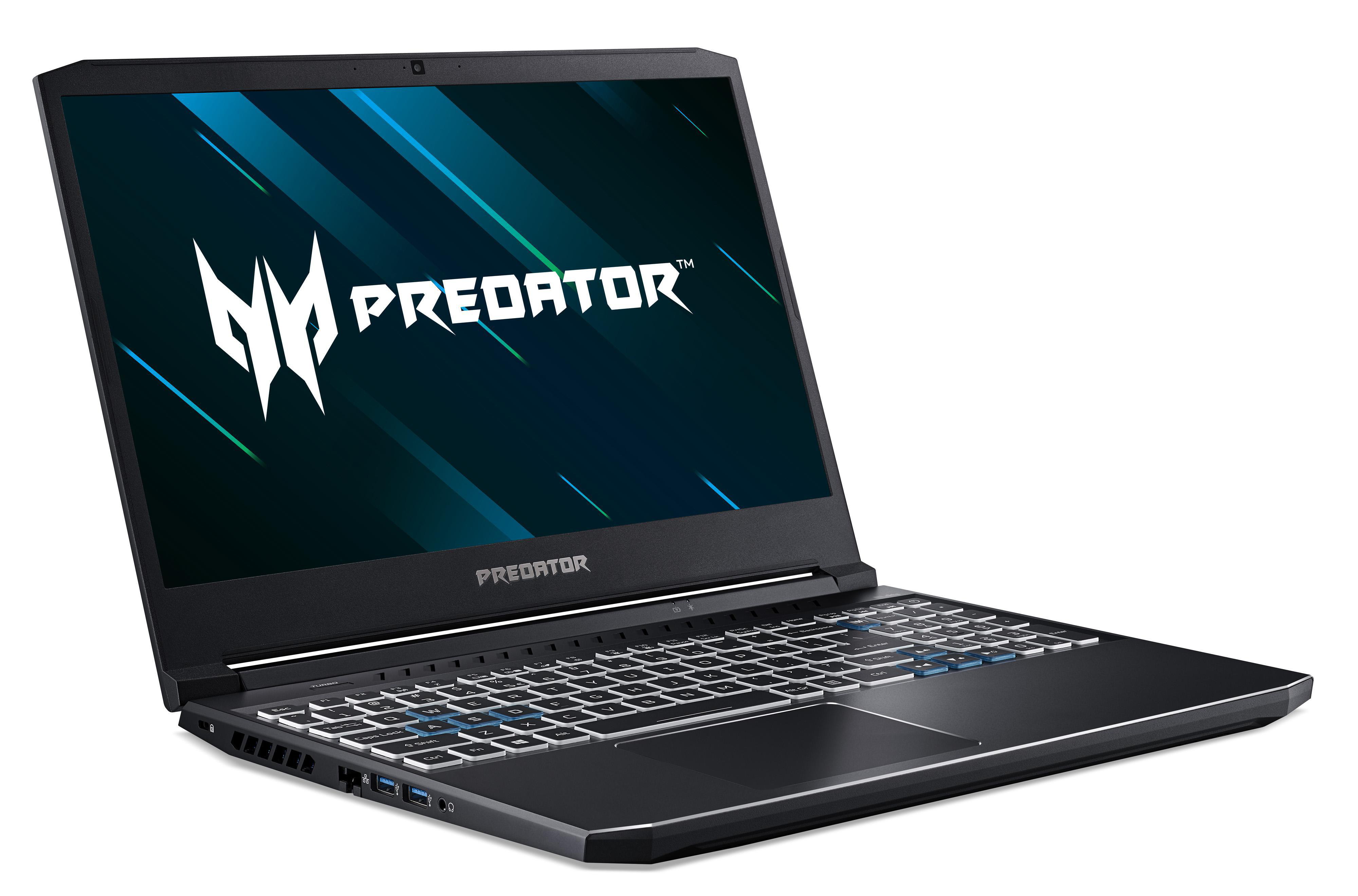 Schwarzer Laptop mit einem Bildschirm, der das Predator-Logo zeigt, auf weißem Hintergrund.