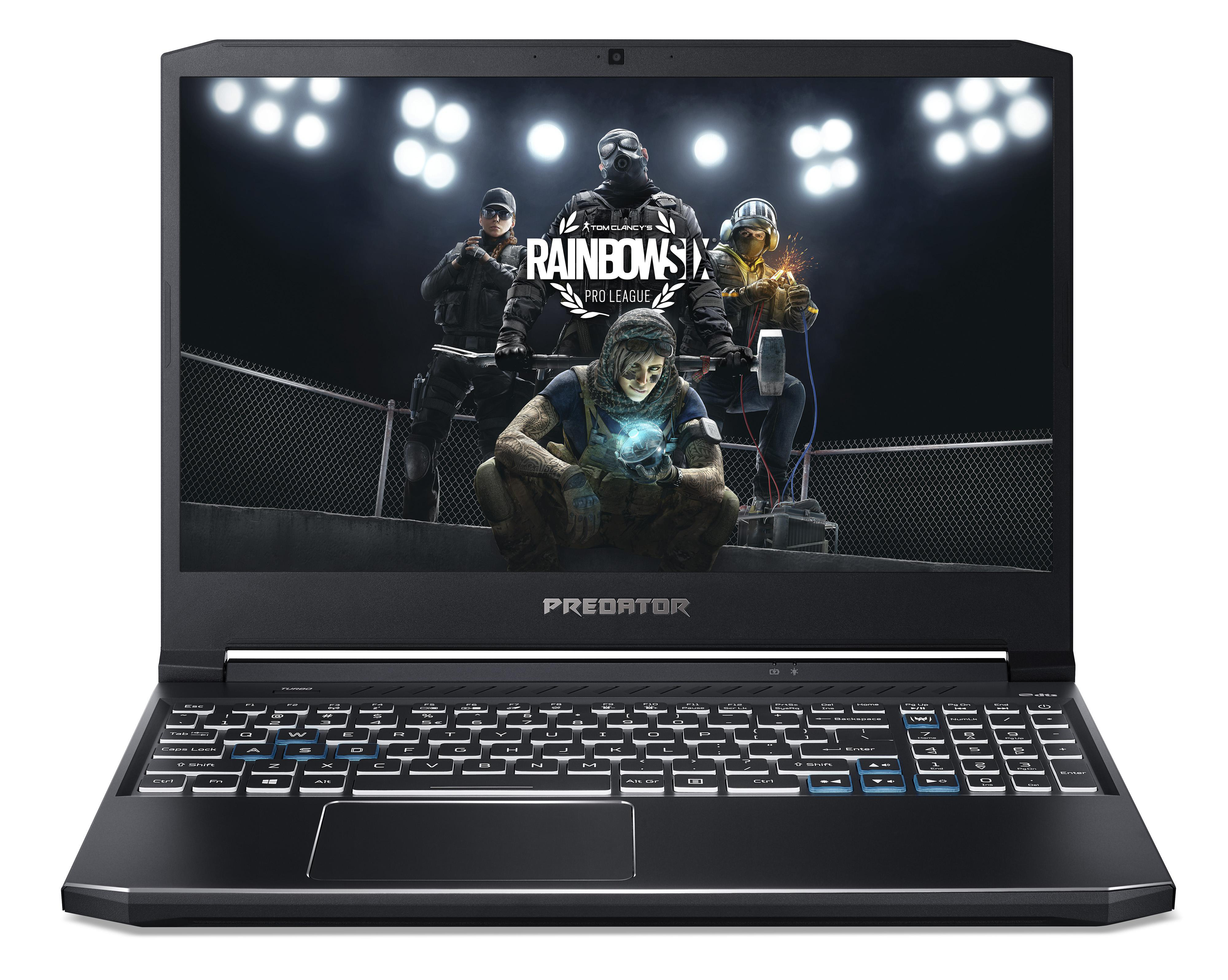 Gaming-Laptop mit Spiel auf dem Bildschirm, Soldaten. Schwarze Tastatur und Rahmen.