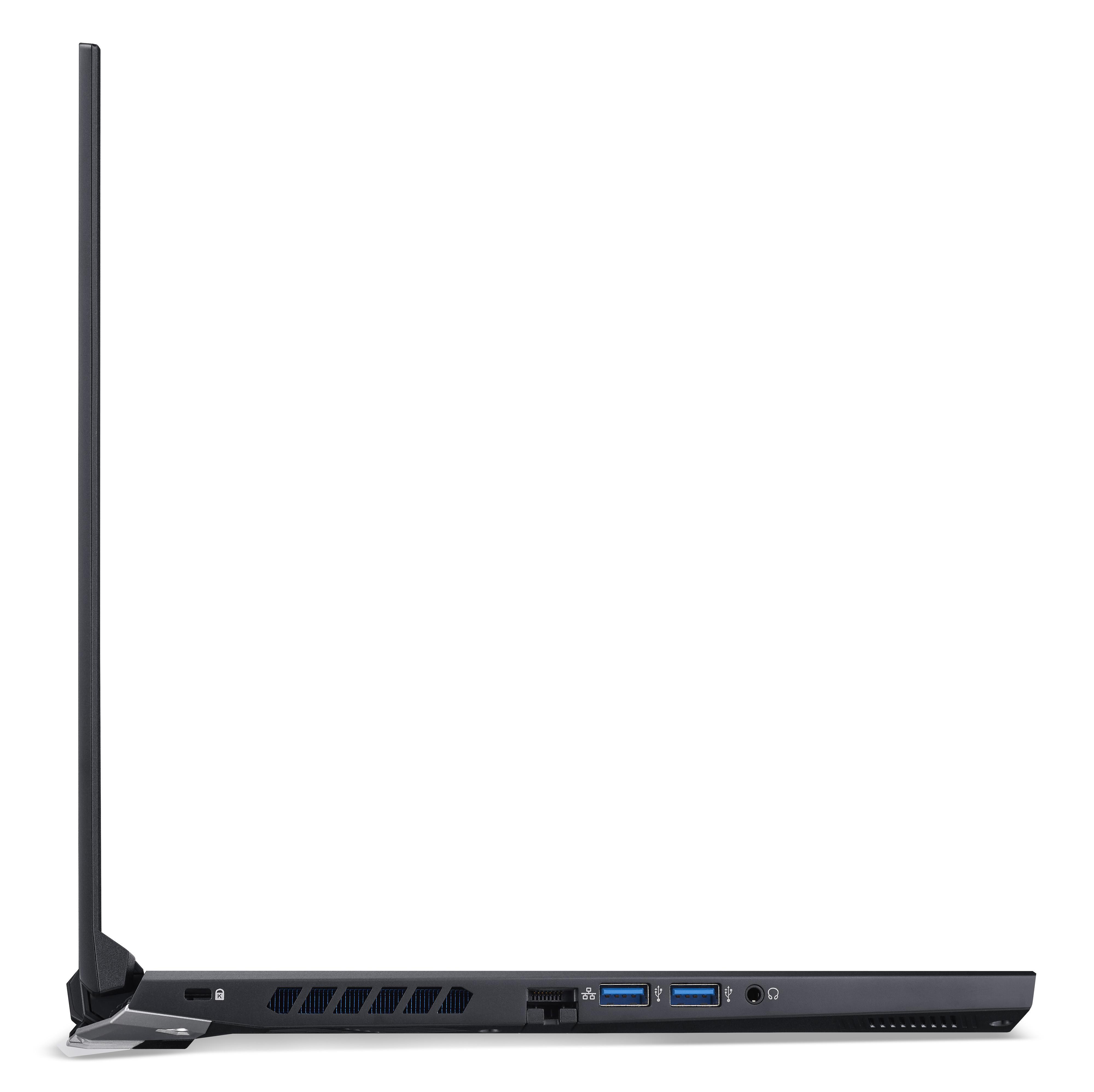 Seitenansicht eines schwarzen Laptops mit sichtbaren Anschlüssen und Lüftungsschlitzen, vor weißem Hintergrund.