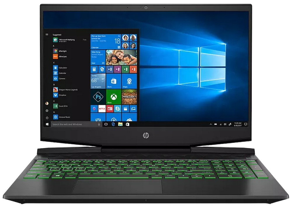 Portátil HP Pavilion con pantalla encendida. El teclado tiene retroiluminación verde.