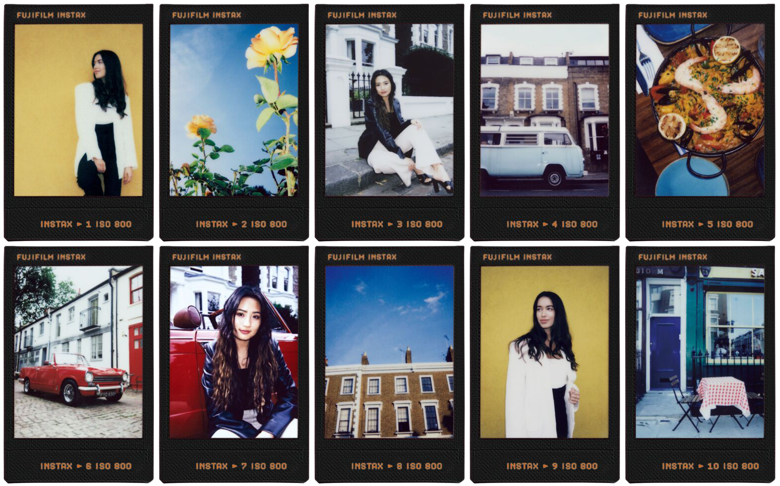Tíz Fujifilm Instax fotó elrendezése. Emberekről, virágokról, épületekről és ételekről szólnak.