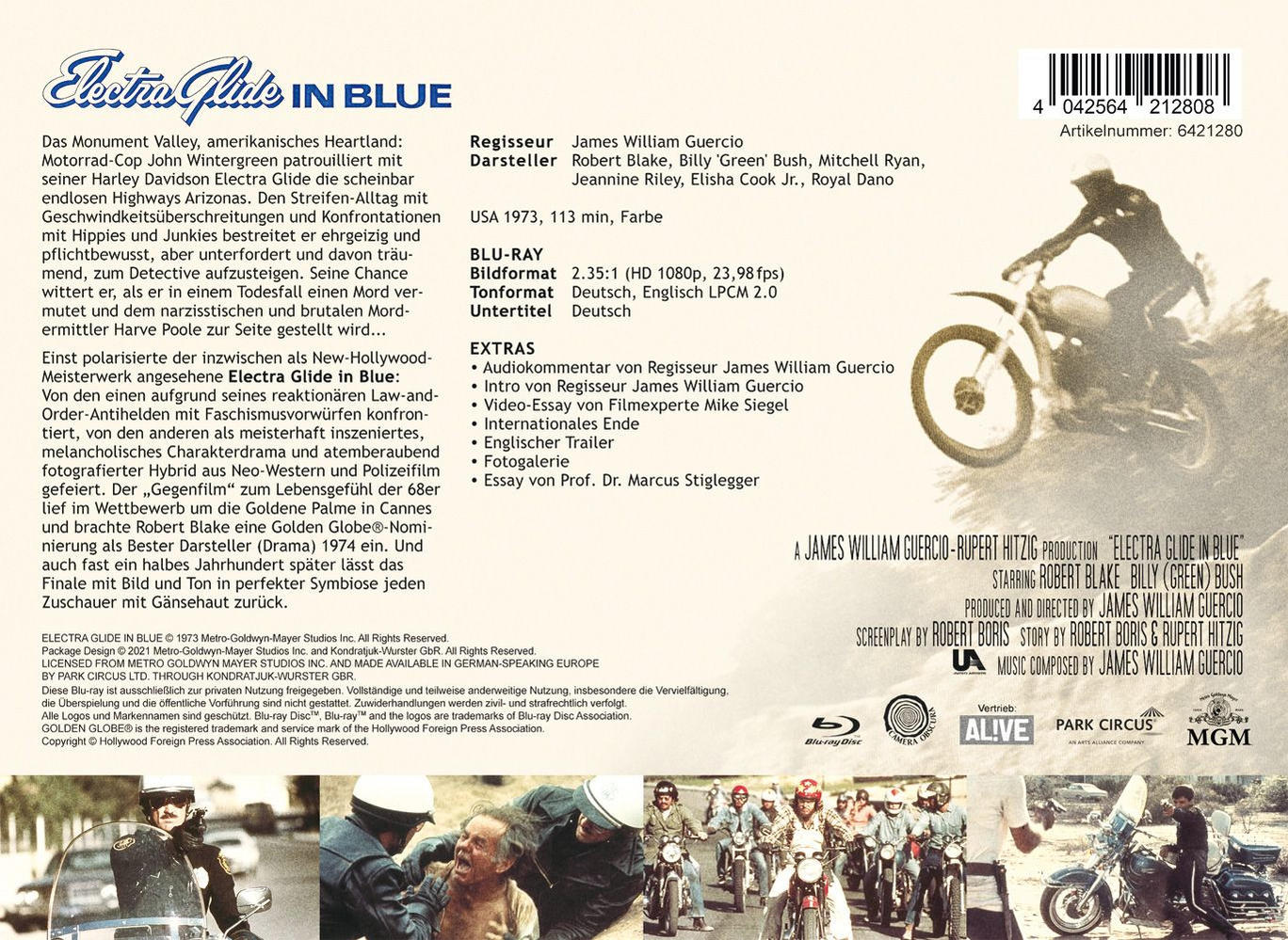 Blu-ray-Cover mit Text auf Deutsch und Bildern aus dem Film 'Electra Glide in Blue'.