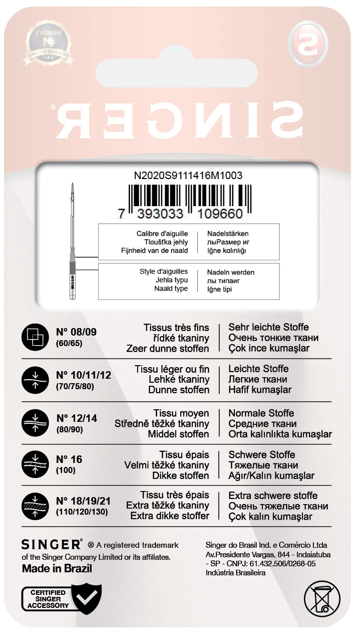Singer Nadelpackung für Nähmaschinen, mit Details für verschiedene Stoffarten und Nadelgrößen.