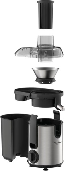 Exploded view of a silver and black Moulinex juicer. Parts include a container and a juicing chamber.