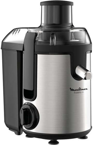 A silver and black Moulinex Frutelia+ juicer with a black top and a silver body.