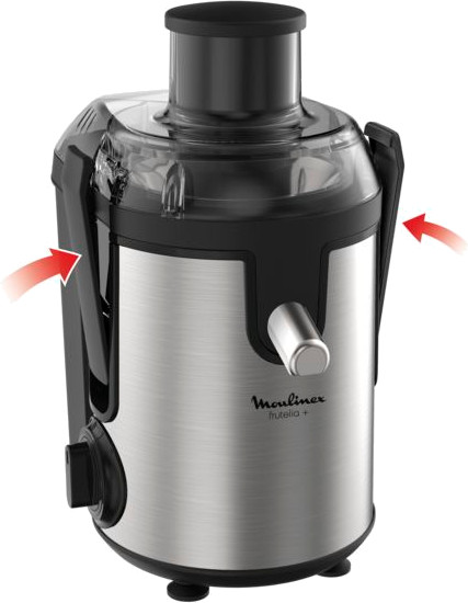 Silver and black Moulinex juice extractor. Arrows indicate lever positions.