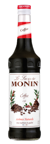 Monin Kaffeesirup Flasche. Die Flasche ist schwarz mit weißem Etikett und rotem Verschluss. Kaffeebohnen sind drauf.