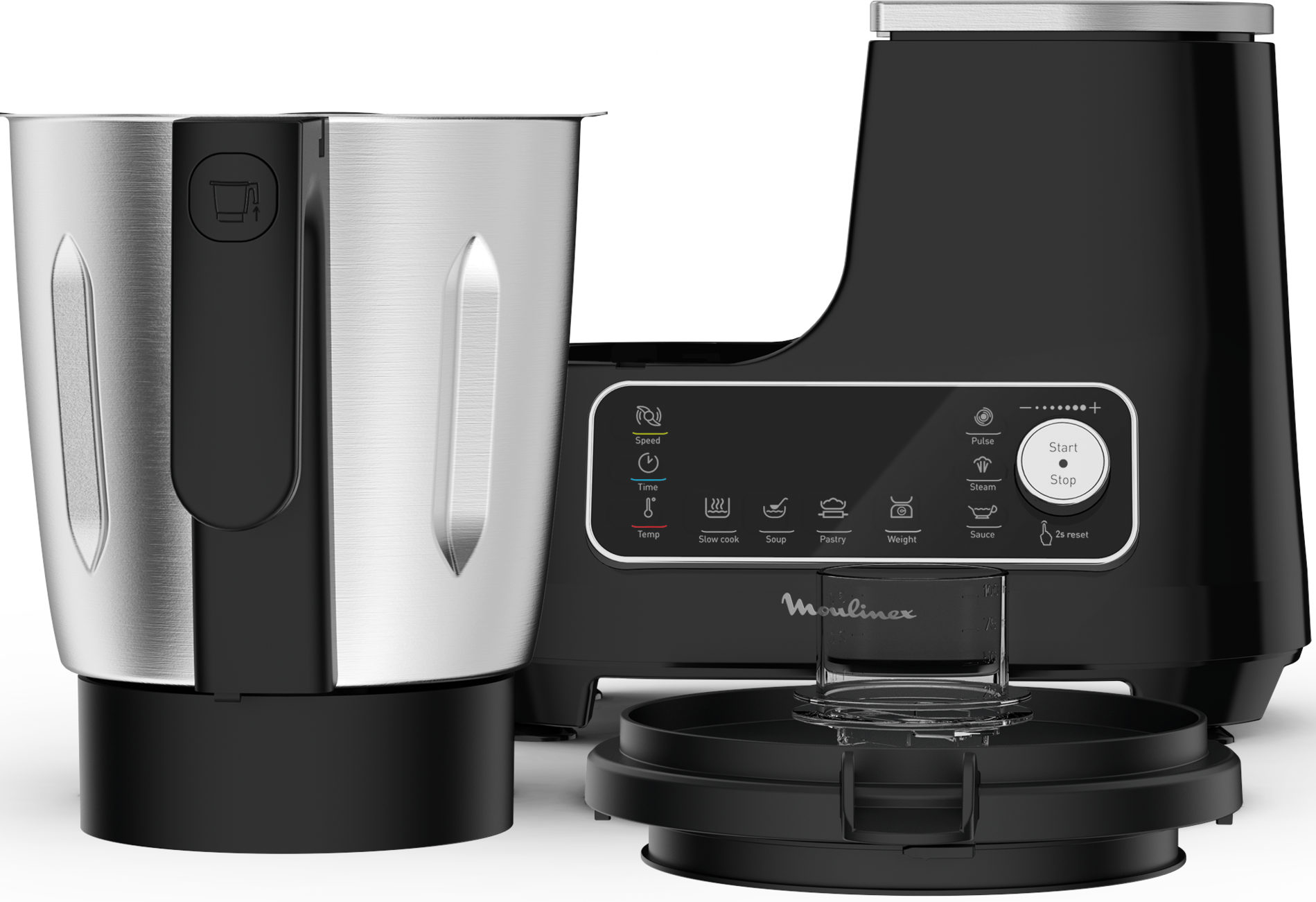 Robot culinaire Moulinex noir avec un bol en acier inoxydable et un panneau de commande.