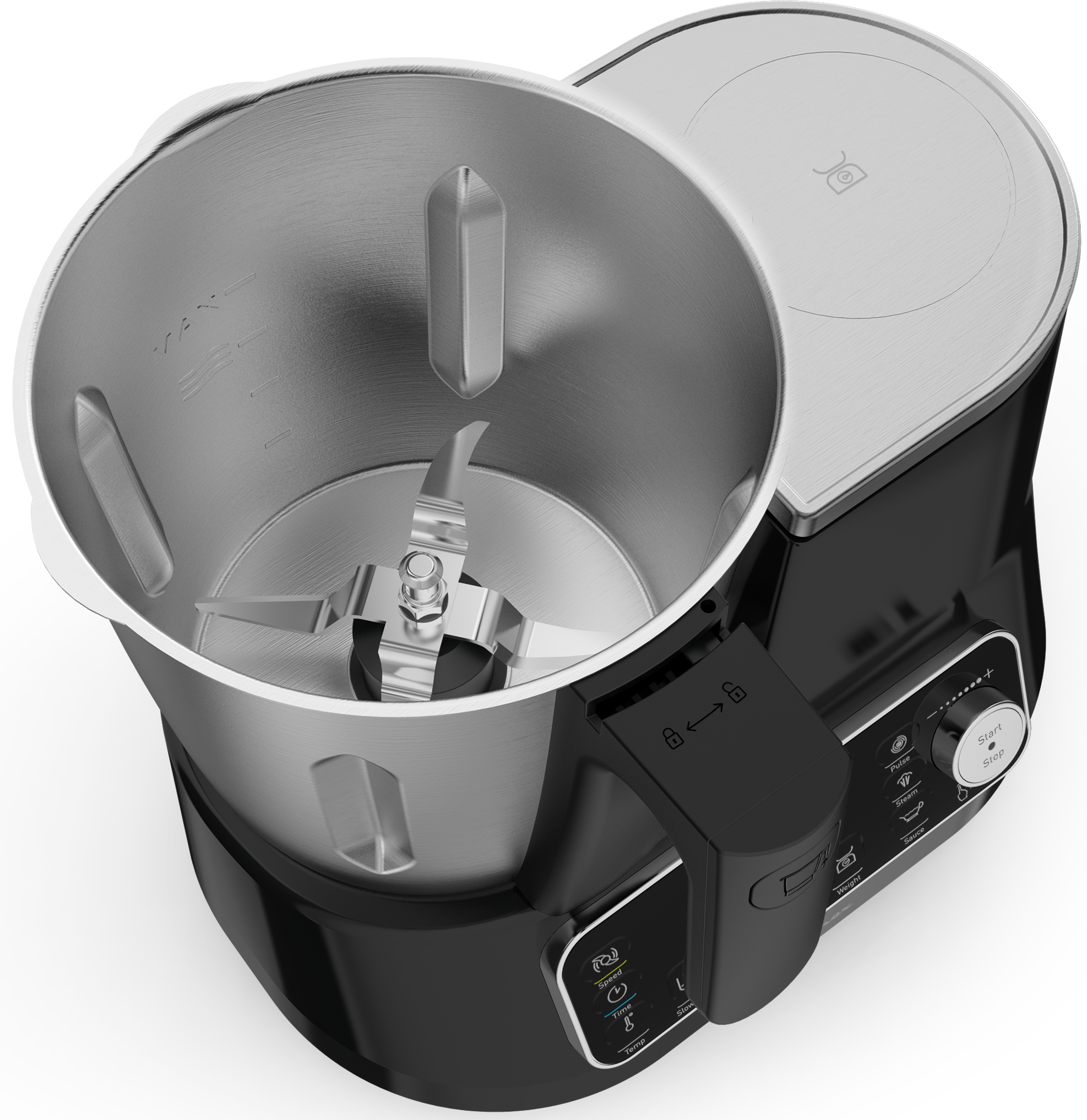 Robot culinaire noir et argent, vue de dessus, avec un bol et des lames en acier inoxydable.