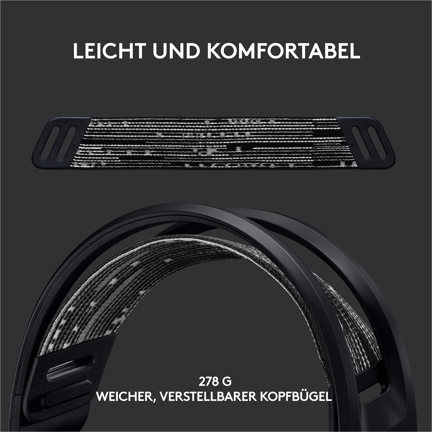Headset mit dem Text 'LEICHT UND KOMFORTABEL', 278g Gewicht. Weißer und schwarzer Stoff im Kopfband.