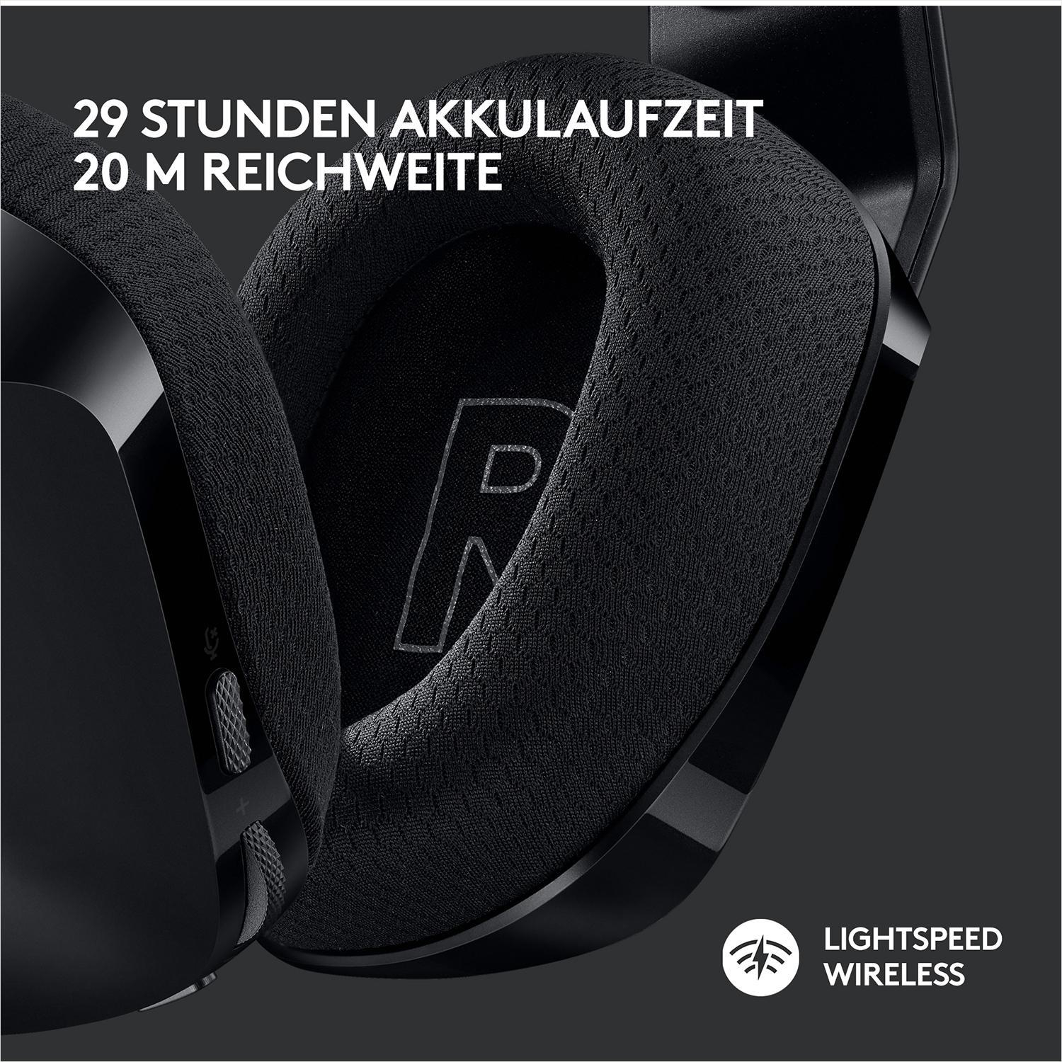 Nahaufnahme eines Gaming-Headsets-Ohrmuschels, mit einem weißen 'R' und dem Text '29 Stunden Akkulaufzeit'.