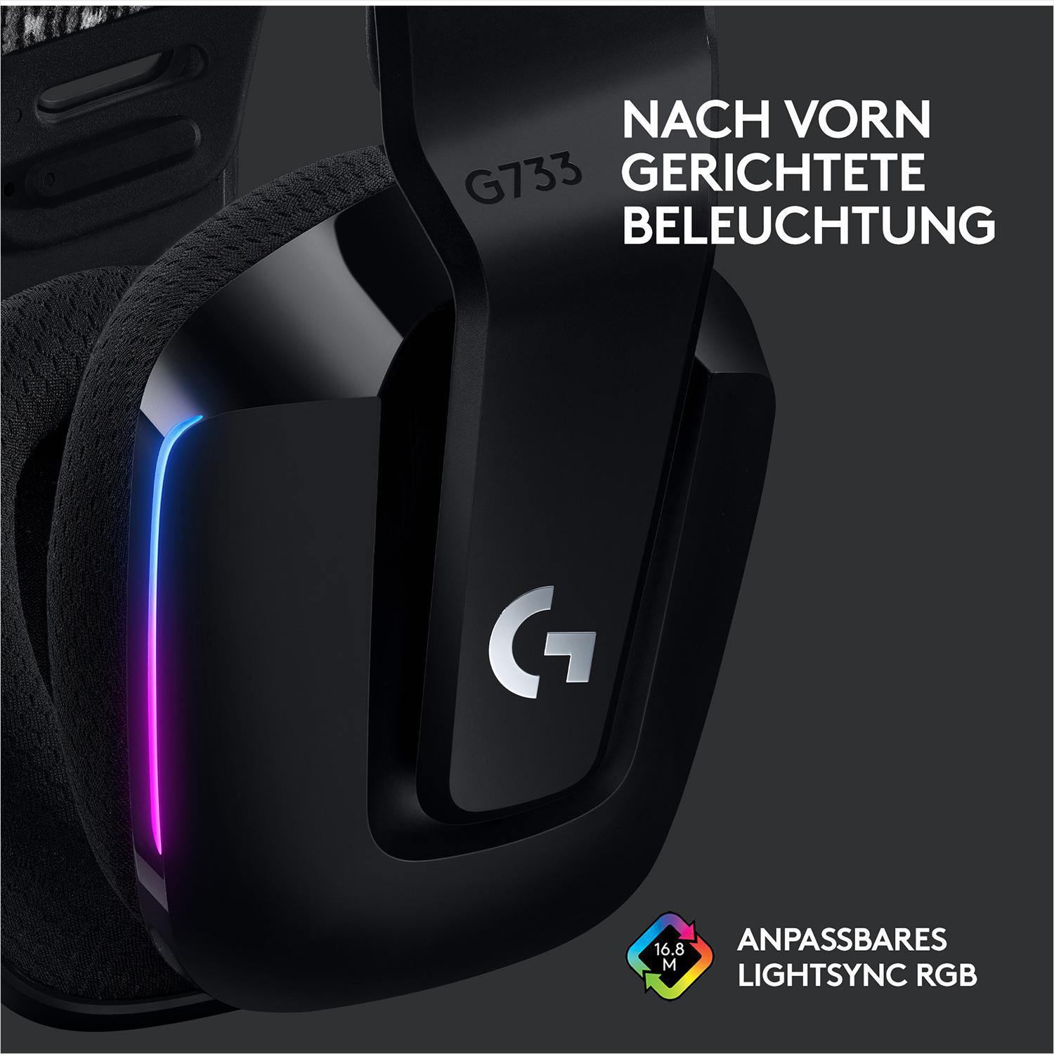 Schwarzes Gaming-Headset mit G-Logo und Regenbogen-Seitenlicht, Text, weißer Hintergrund.