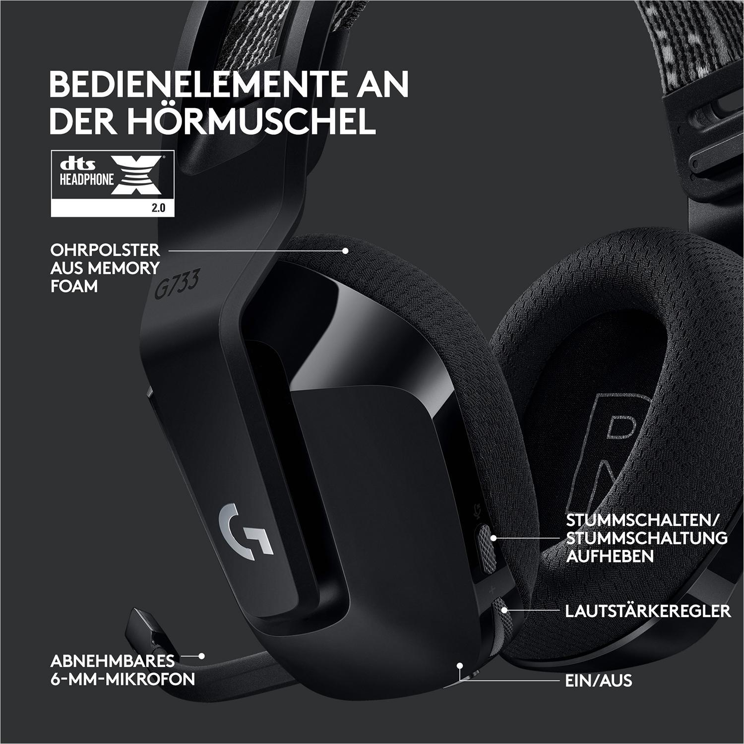 Schwarzes Gaming-Headset. Merkmale sind Bedienelemente am Ohrmuschel, abnehmbares Mikrofon und DTS Headphone:X Logo.