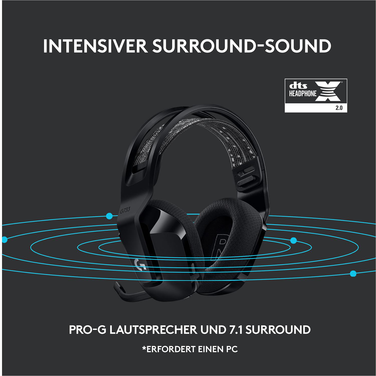 Schwarzes Gaming-Headset mit Mikrofon, blaue grafische Schallwellen. Text: Intensiver Surround-Sound.