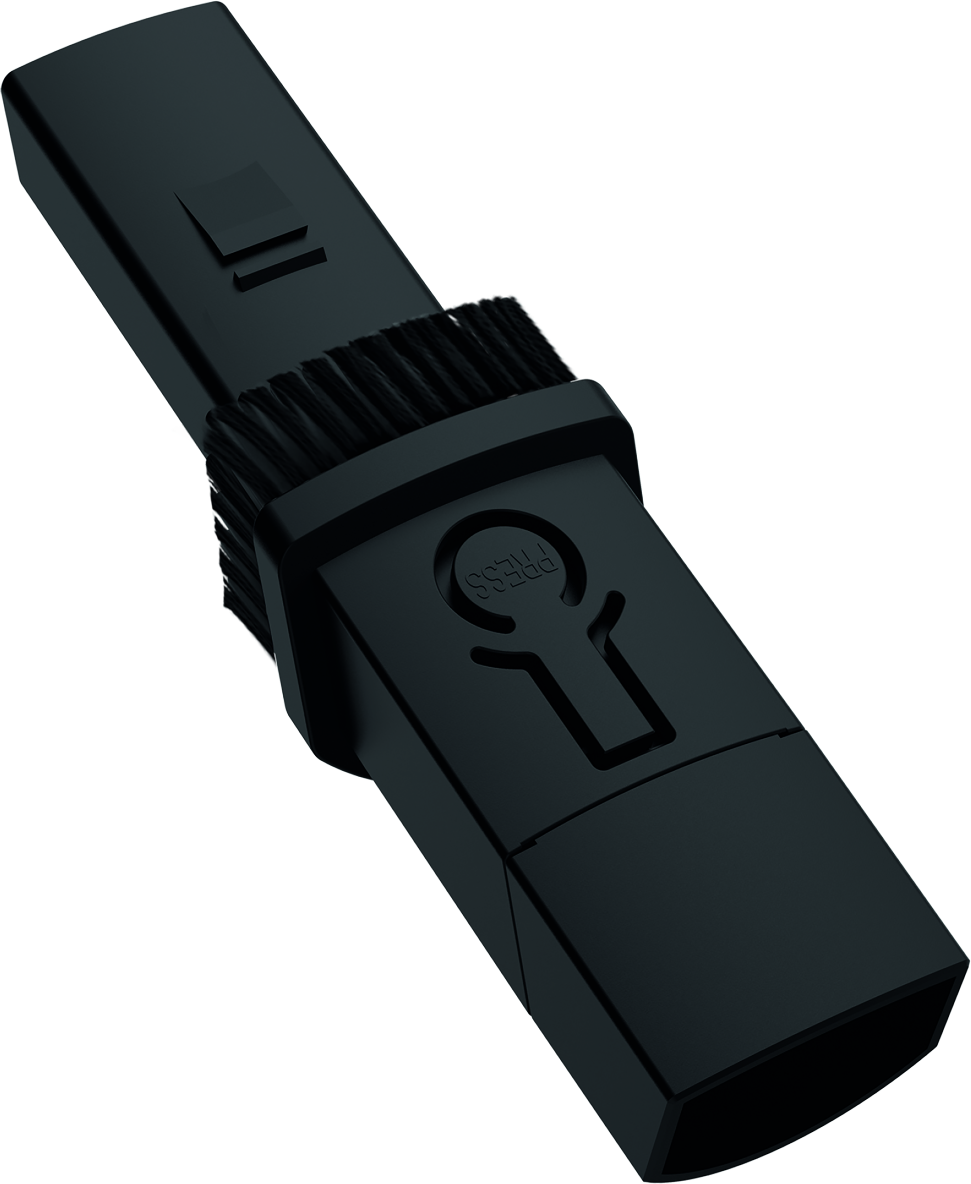 Een zwart Razer-accessoire met een borstelachtig uiteinde en een knop met de tekst PRESS.