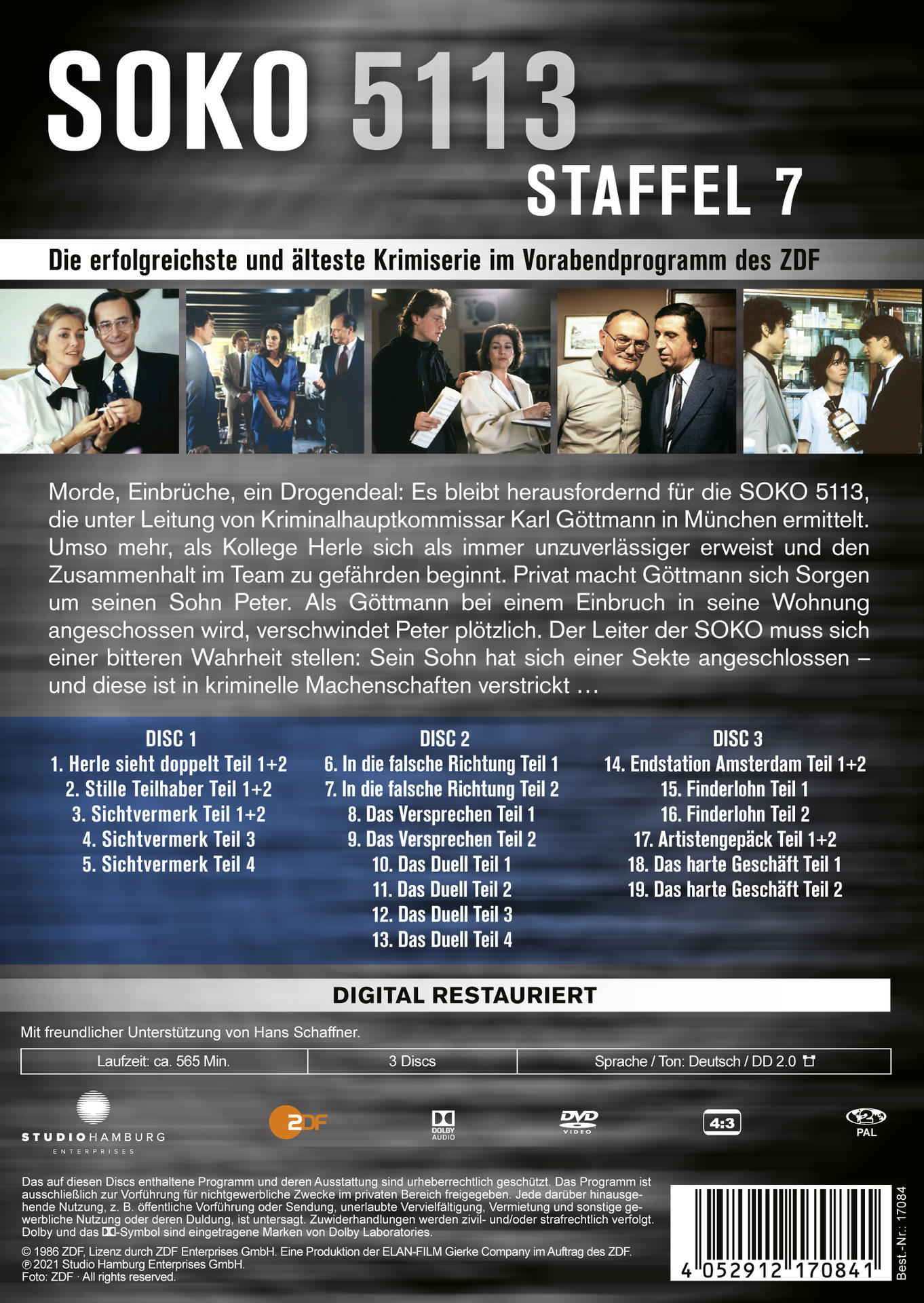 Rückseite einer DVD-Hülle mit Text und Bildern zur Fernsehsendung SOKO 5113.