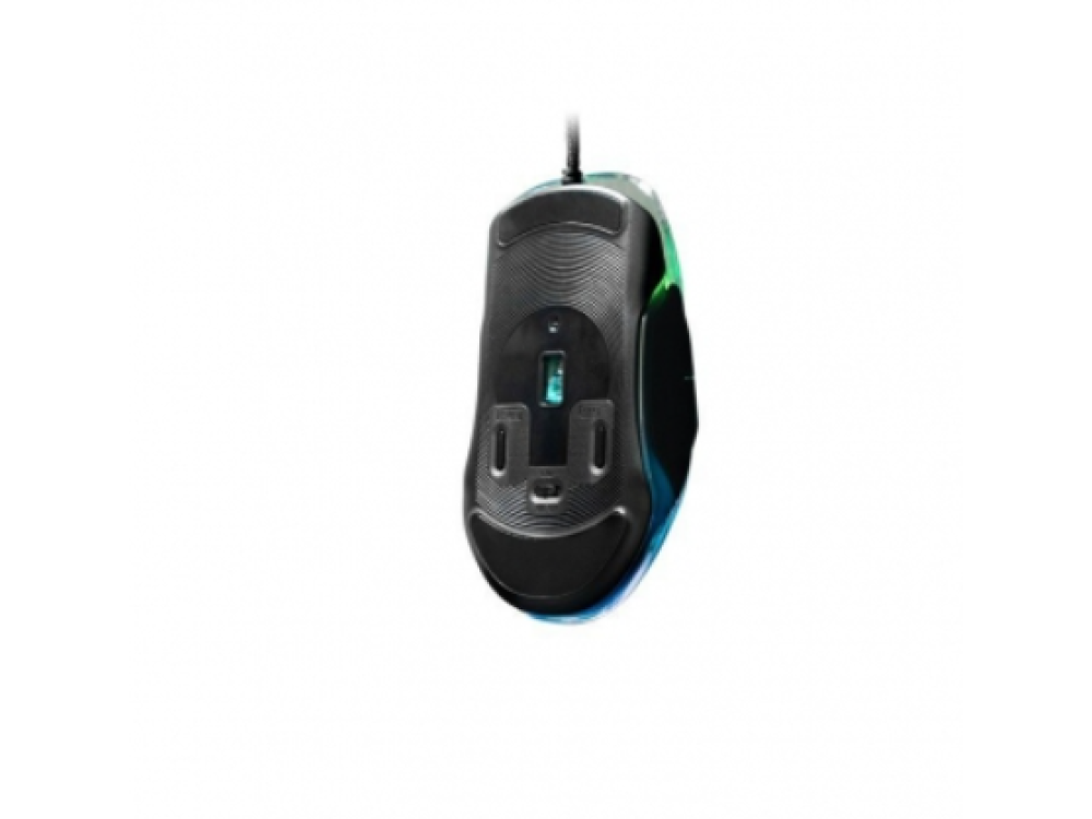 Ratón gaming negro, con parte inferior colorida.