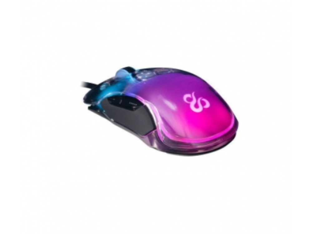 Ratón gaming con iluminación RGB, con un degradado morado y rosa sobre un fondo blanco.