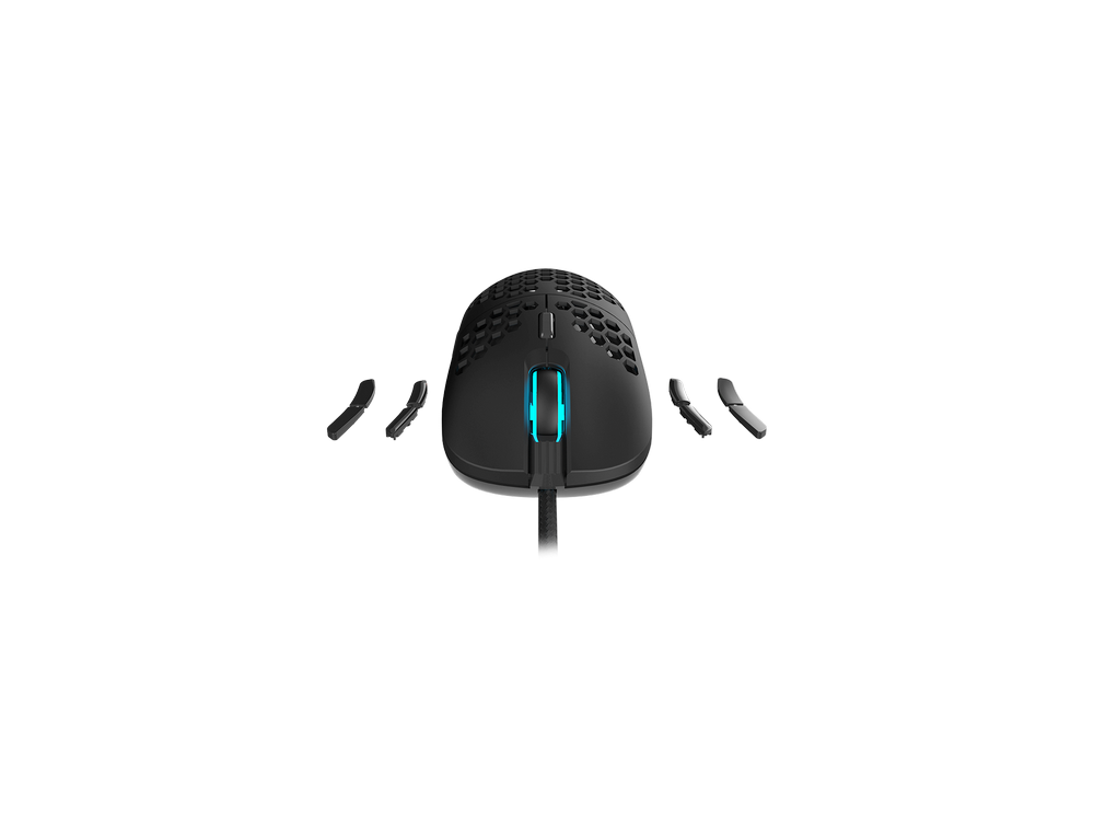Un ratón gaming negro con piezas laterales extraíbles e iluminación azul.