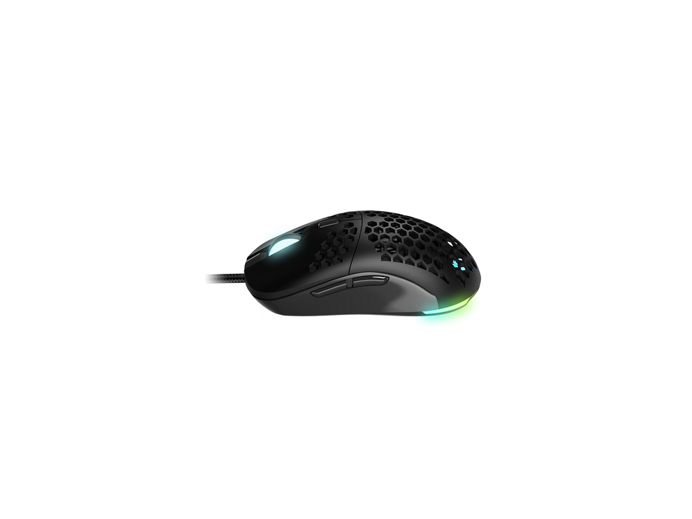 Ratón gaming negro con diseño de panal y luces de colores en la base.