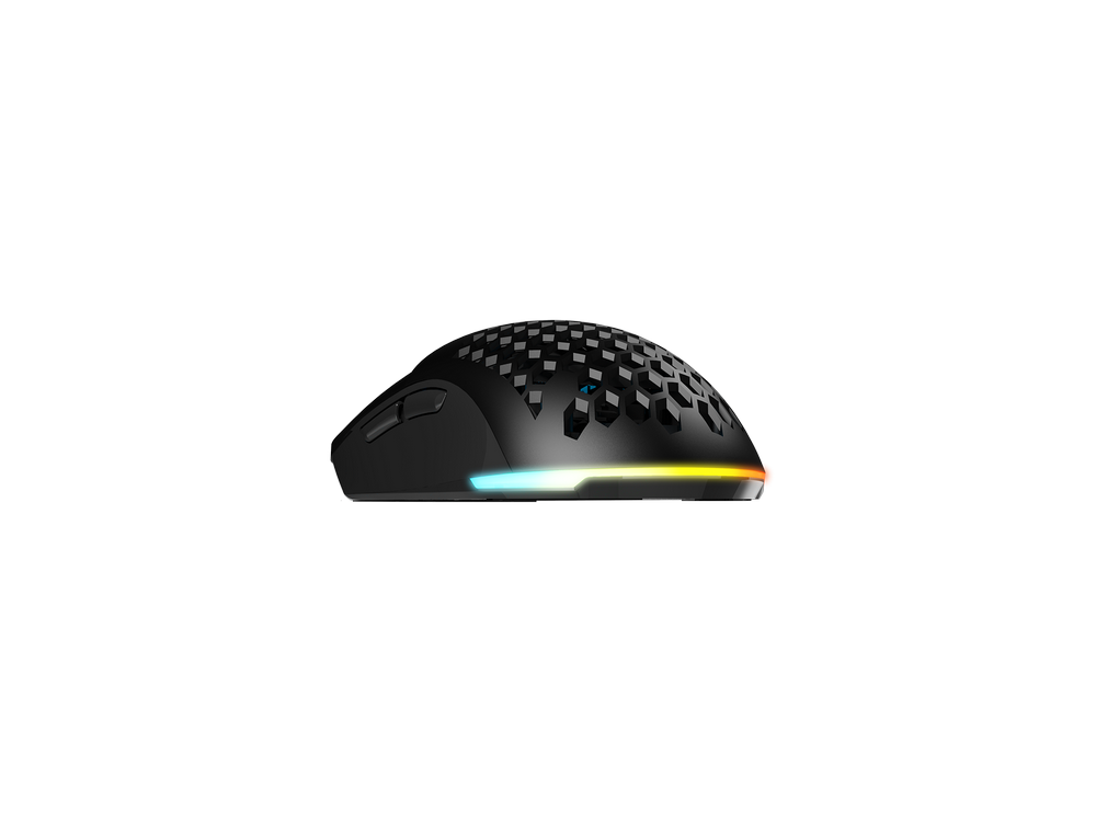 Ratón gaming negro con diseño de panal y luces coloridas en el borde inferior.