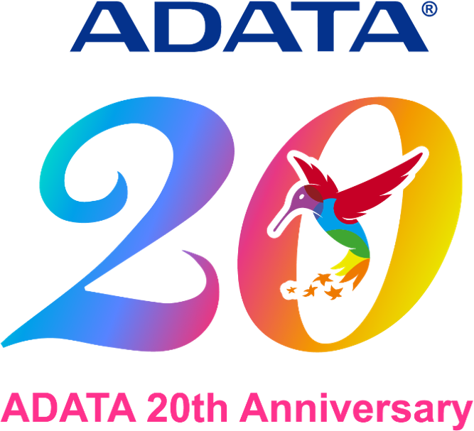 Az ADATA 20. évfordulójának logója. A '20' számot kolibrival és kék ADATA szöveggel jeleníti meg.