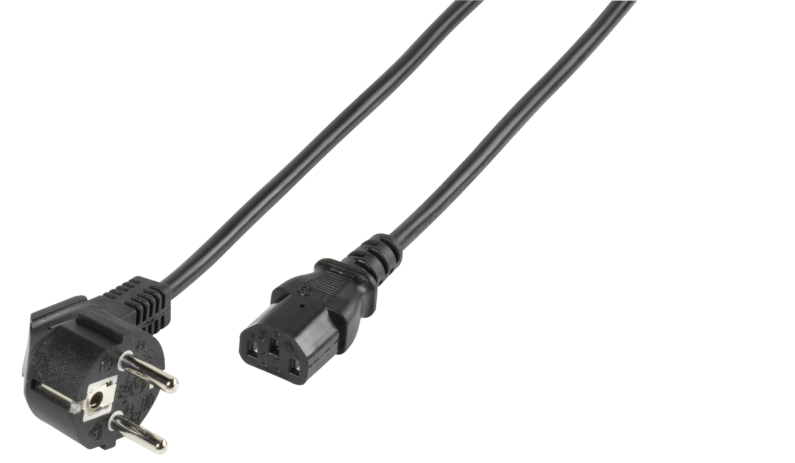 Schwarzes Netzkabel mit Eurostecker und IEC-Stecker. Zeigt Stecker- und Anschlussenden.