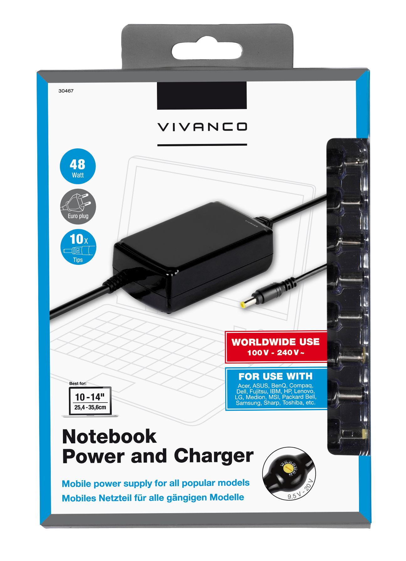 Ein schwarzes Laptop-Netzteil in der Verpackung. Auf der Verpackung steht 'Notebook Power and Charger' und 'Worldwide Use'.