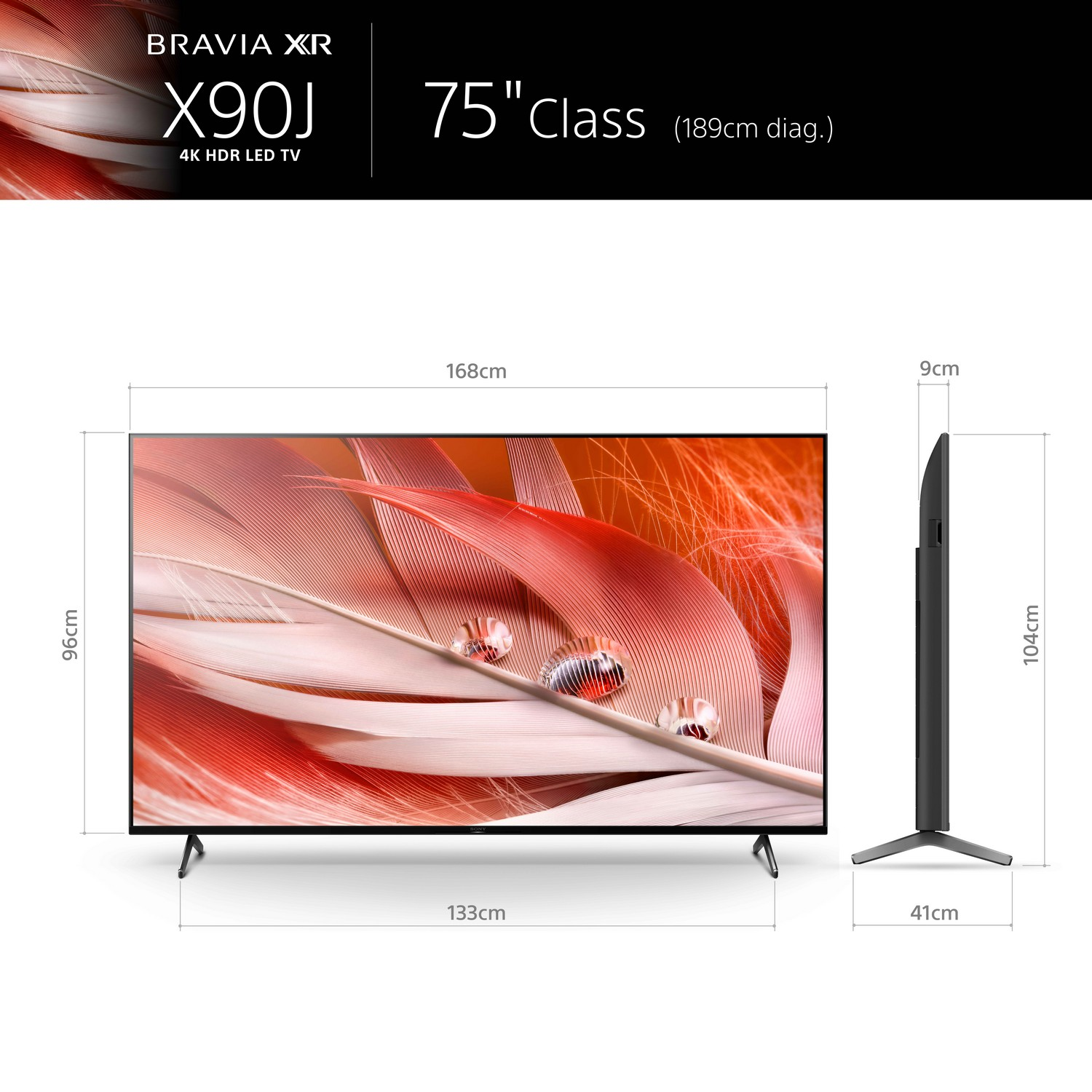 Televisor Sony Bravia XR X90J de 75 pulgadas con dimensiones mostradas.