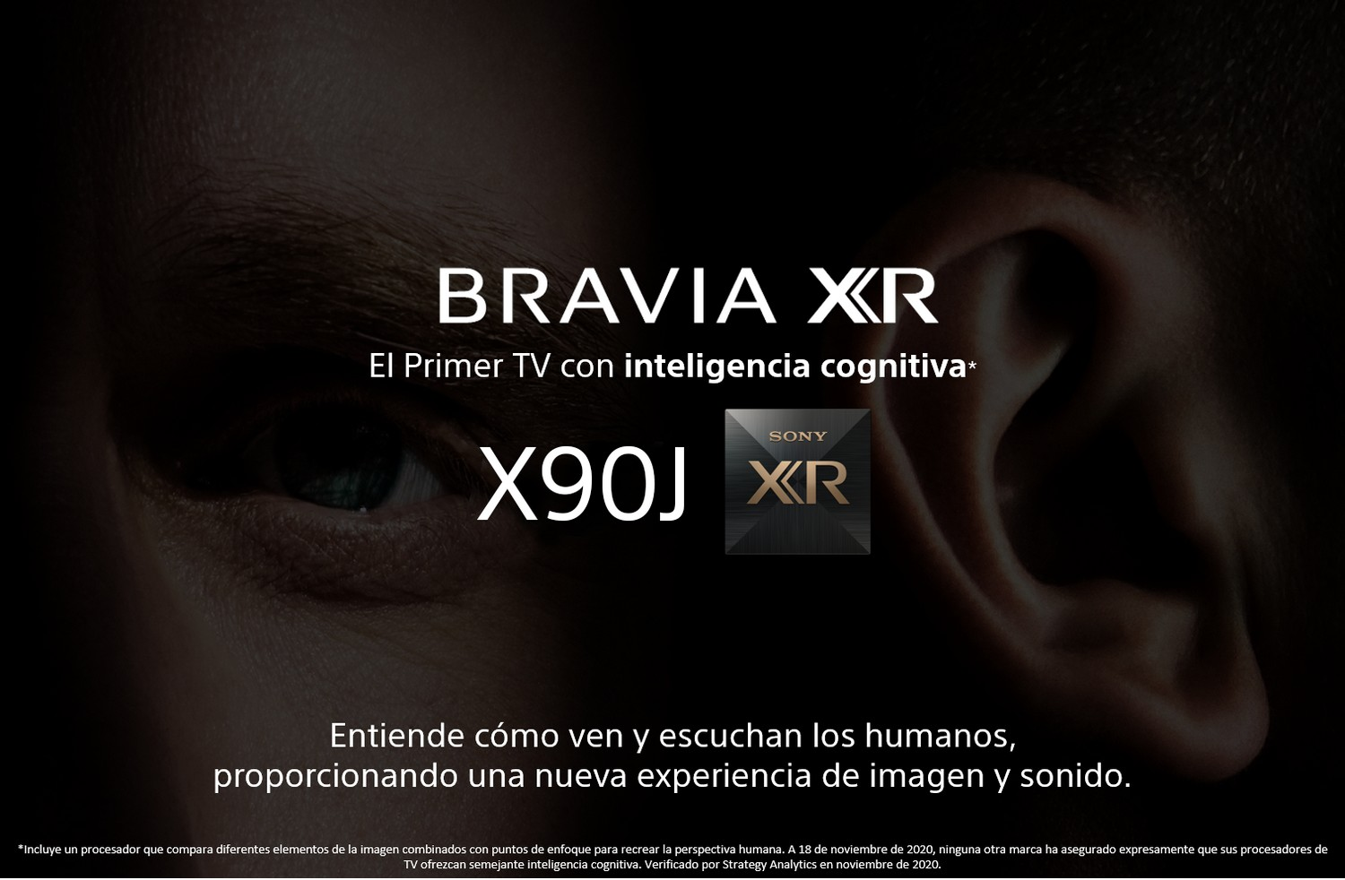 TV Sony Bravia XR, primer plano de un ojo. Texto en español presente.