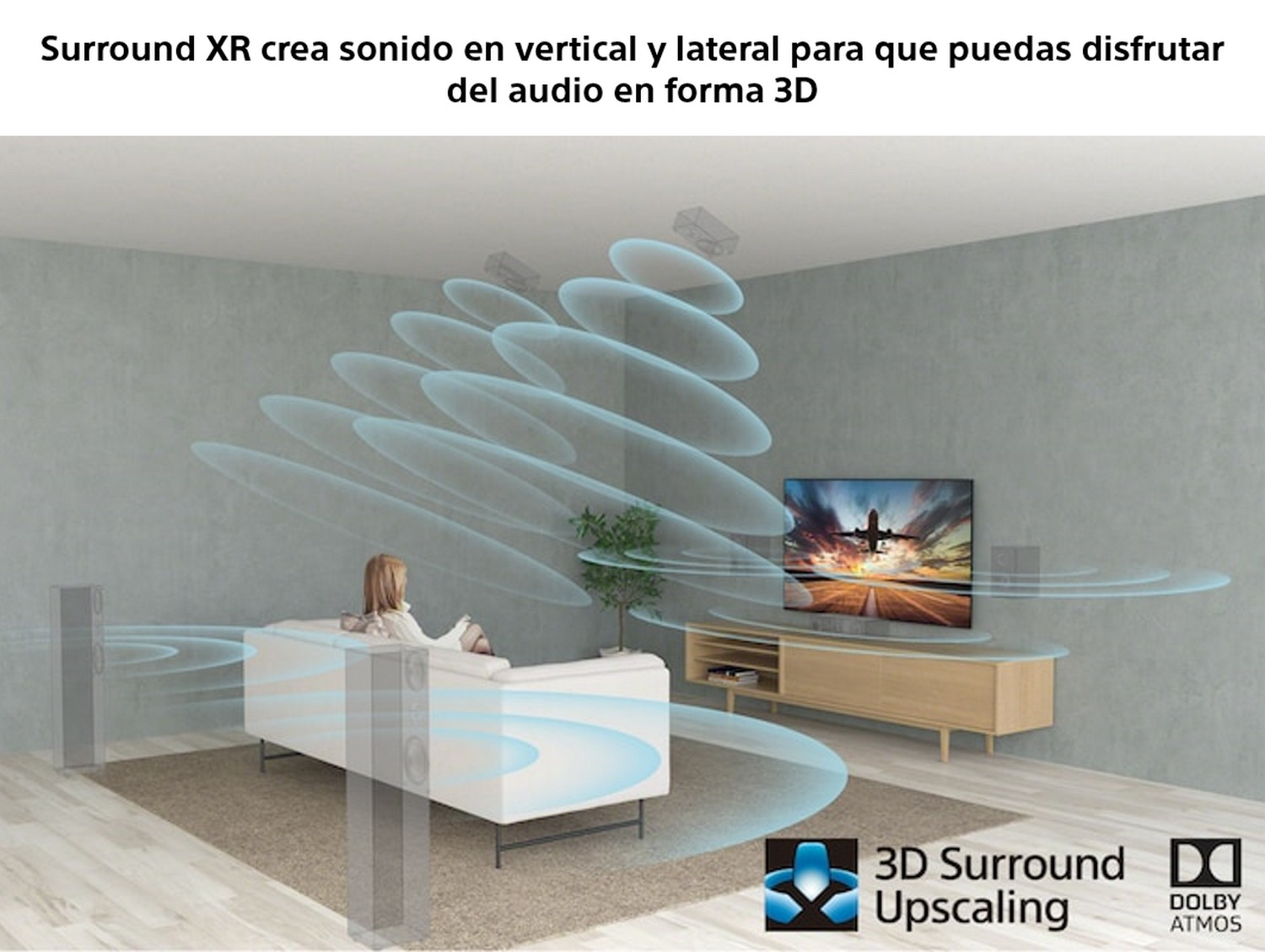 Escena de sala de estar con mujer y TV, diseño de sistema de sonido.