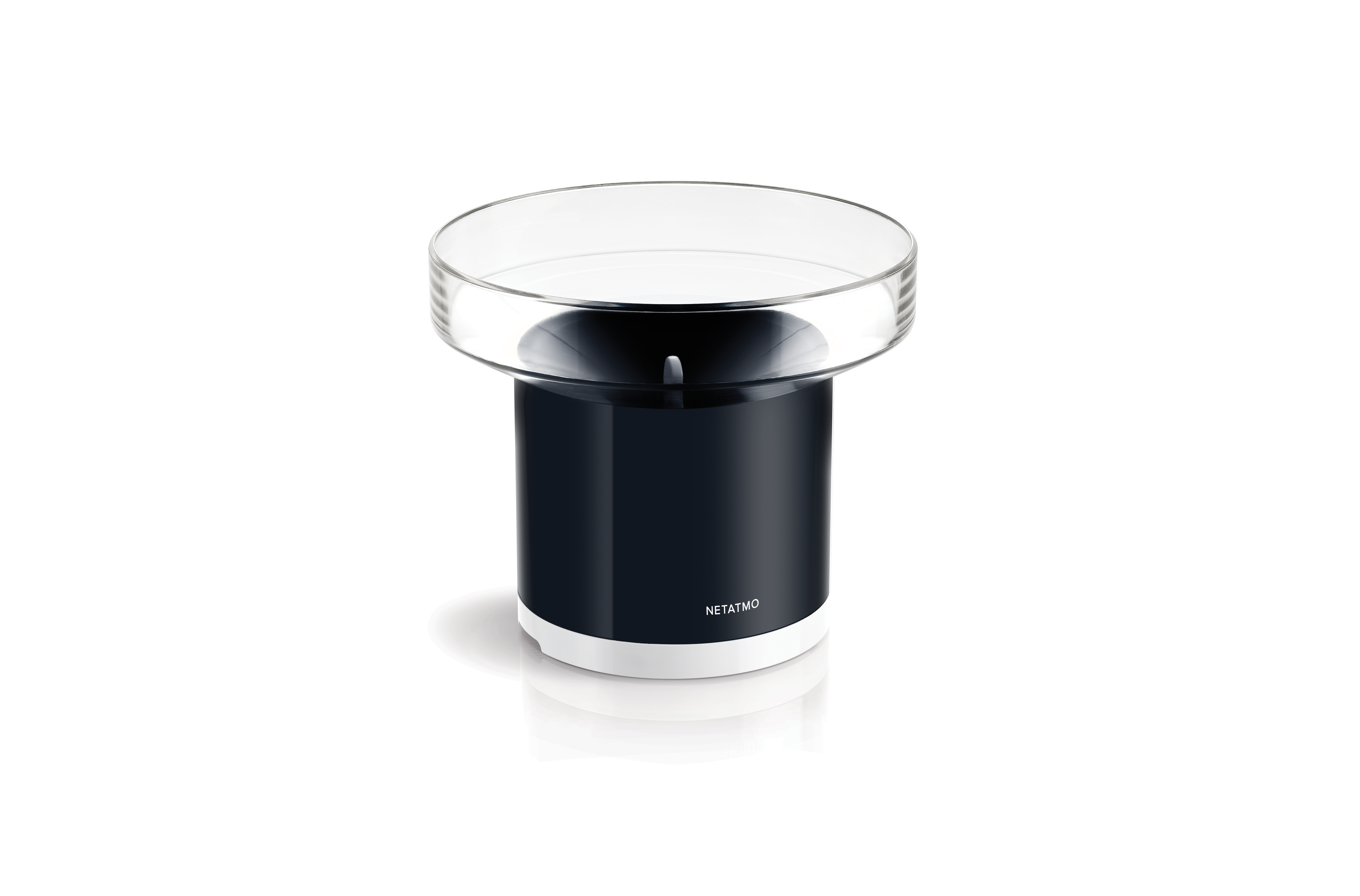 Station météo avec base bleu foncé et dessus en verre transparent, sur fond blanc.