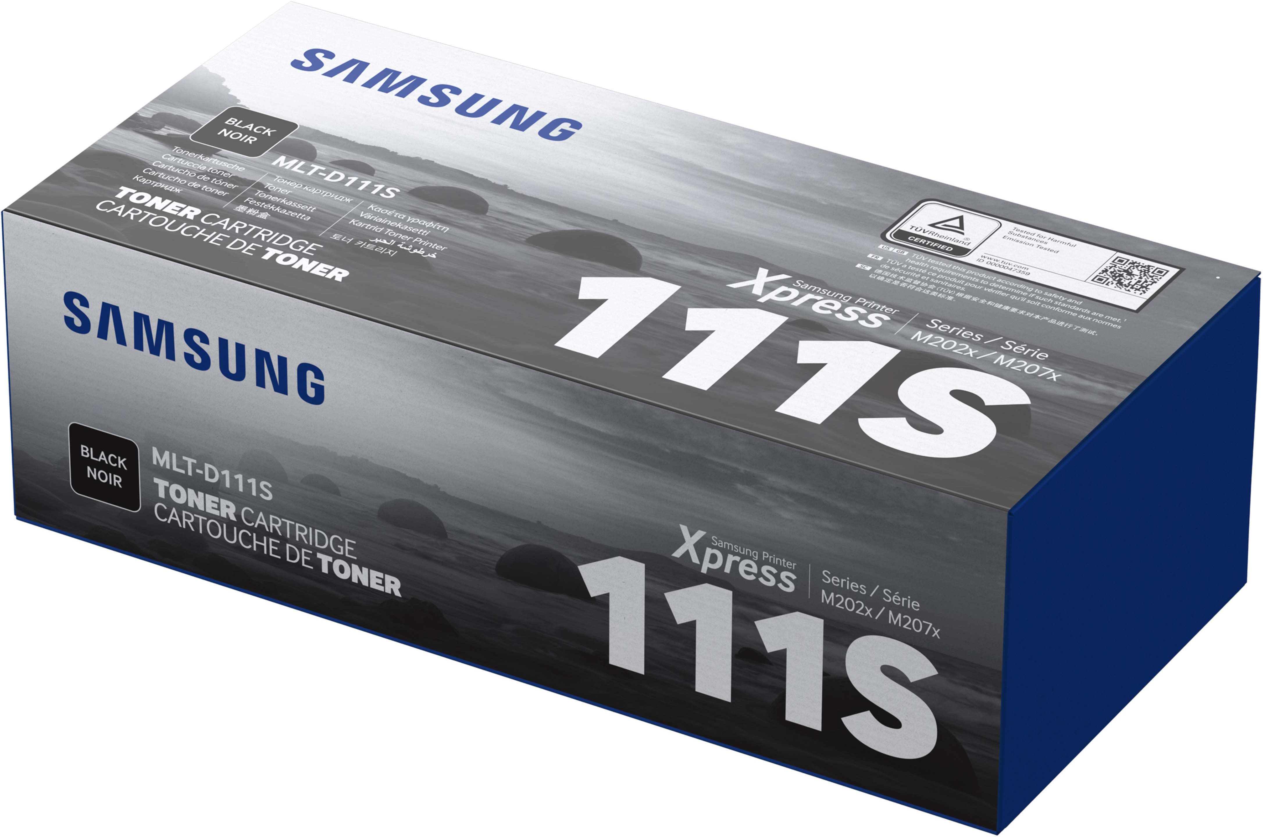 Caja de cartucho de tóner Samsung. Caja negra con texto blanco, modelo de impresora.
