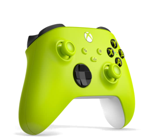 Siyah düğmeler ve beyaz vurgulara sahip limon yeşili Xbox denetleyicisi.