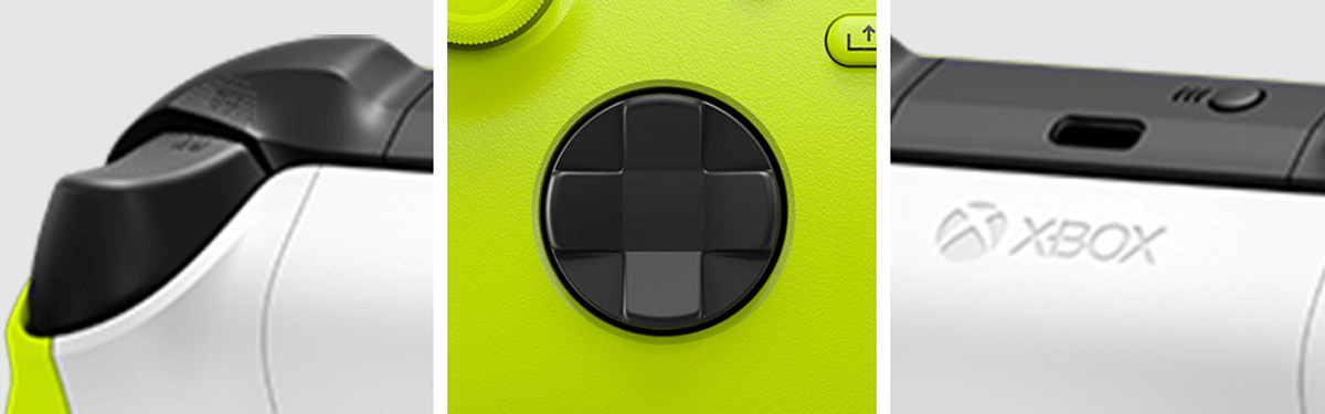 Siyah düğmeleri ve Xbox logosu olan, misket limonu yeşili ve beyaz bir Xbox denetleyicisinin yakın çekimi.