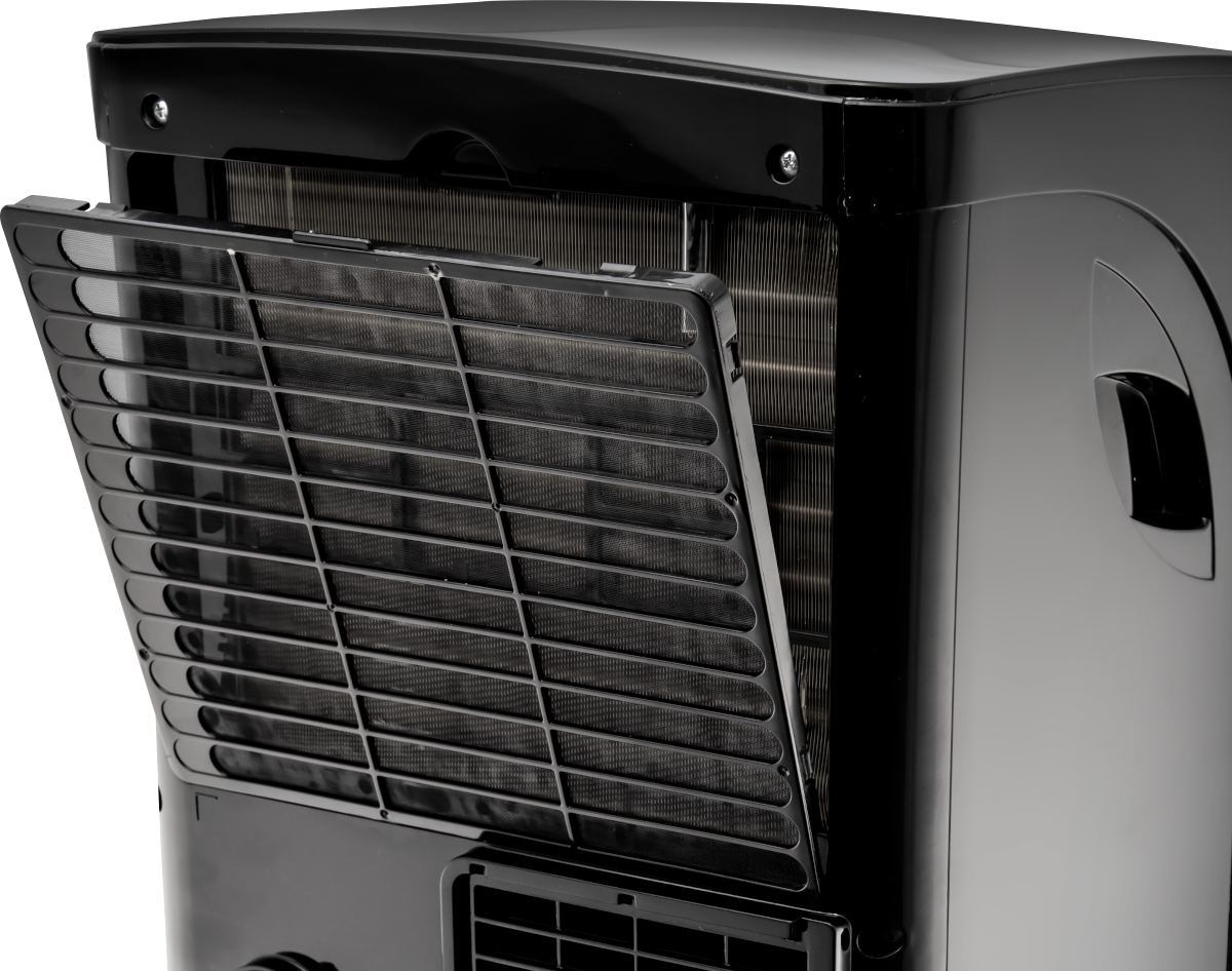 Zwarte airconditioningunit, met open filter en ventilatie.
