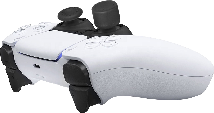 Fehér PlayStation 5 kontroller fekete joystickokkal és gombokkal, szögletes nézet.