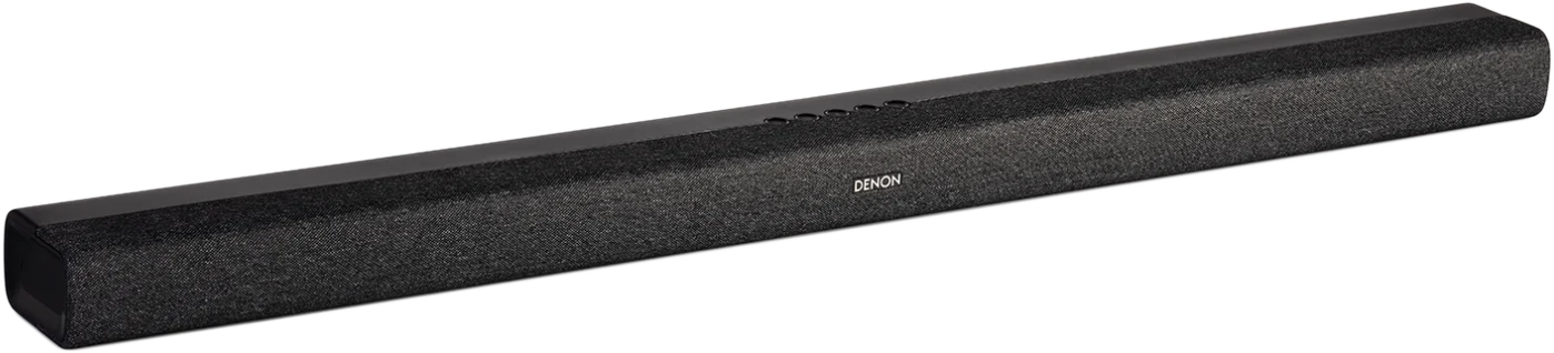 Fekete Denon soundbar, látható Denon logóval. Hosszú és téglalap alakú.