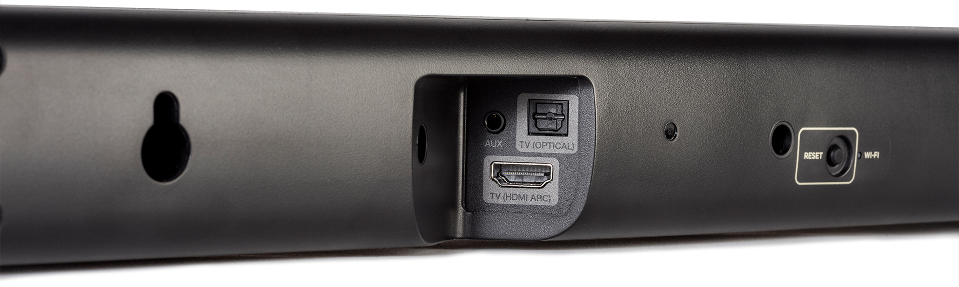 Fekete soundbar AUX, HDMI, TV optikai és reset portokkal, Wi-Fi felirattal.