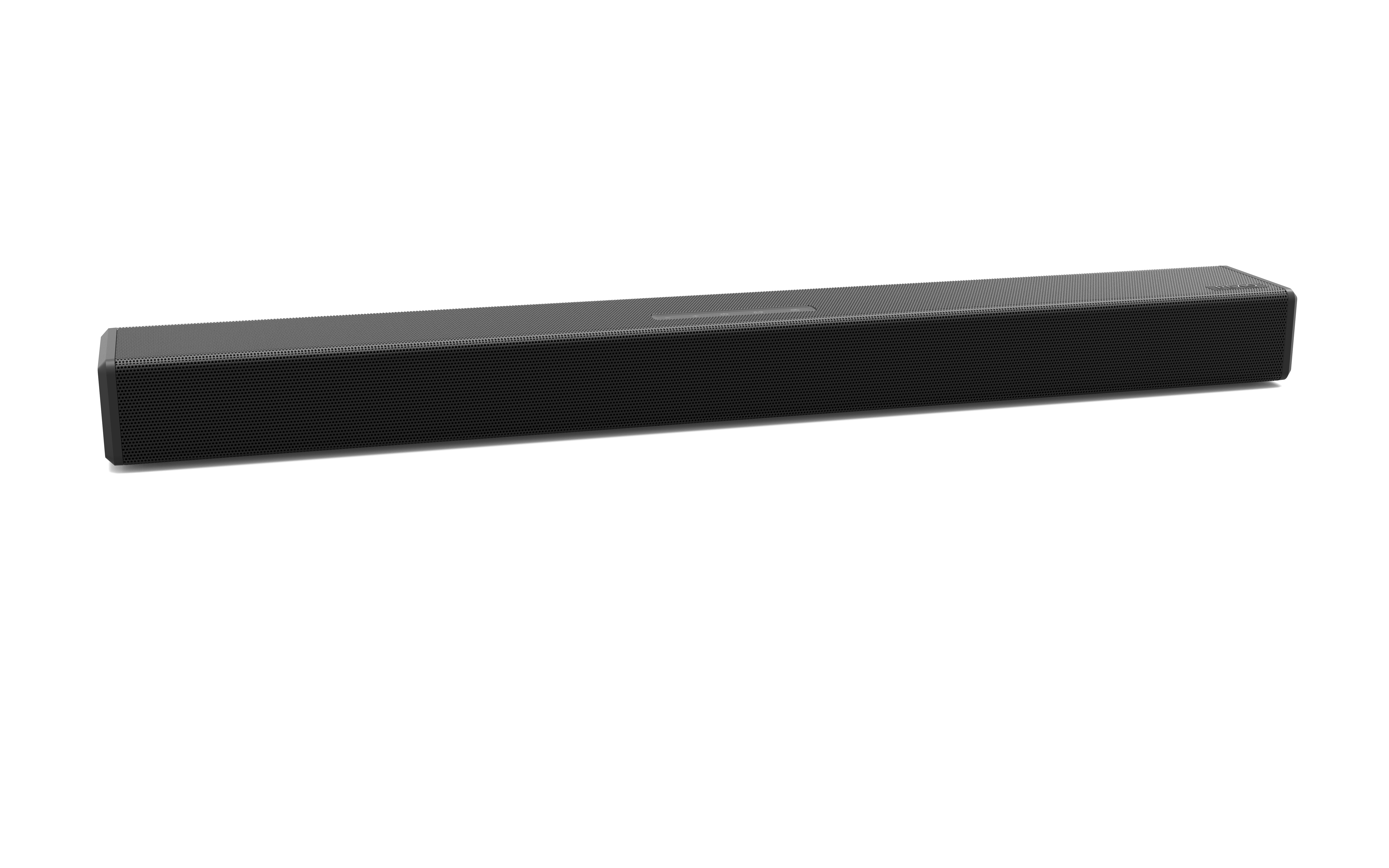 Eine lange, schwarze Soundbar auf weißem Hintergrund. Es hat ein schlankes, rechteckiges Design.