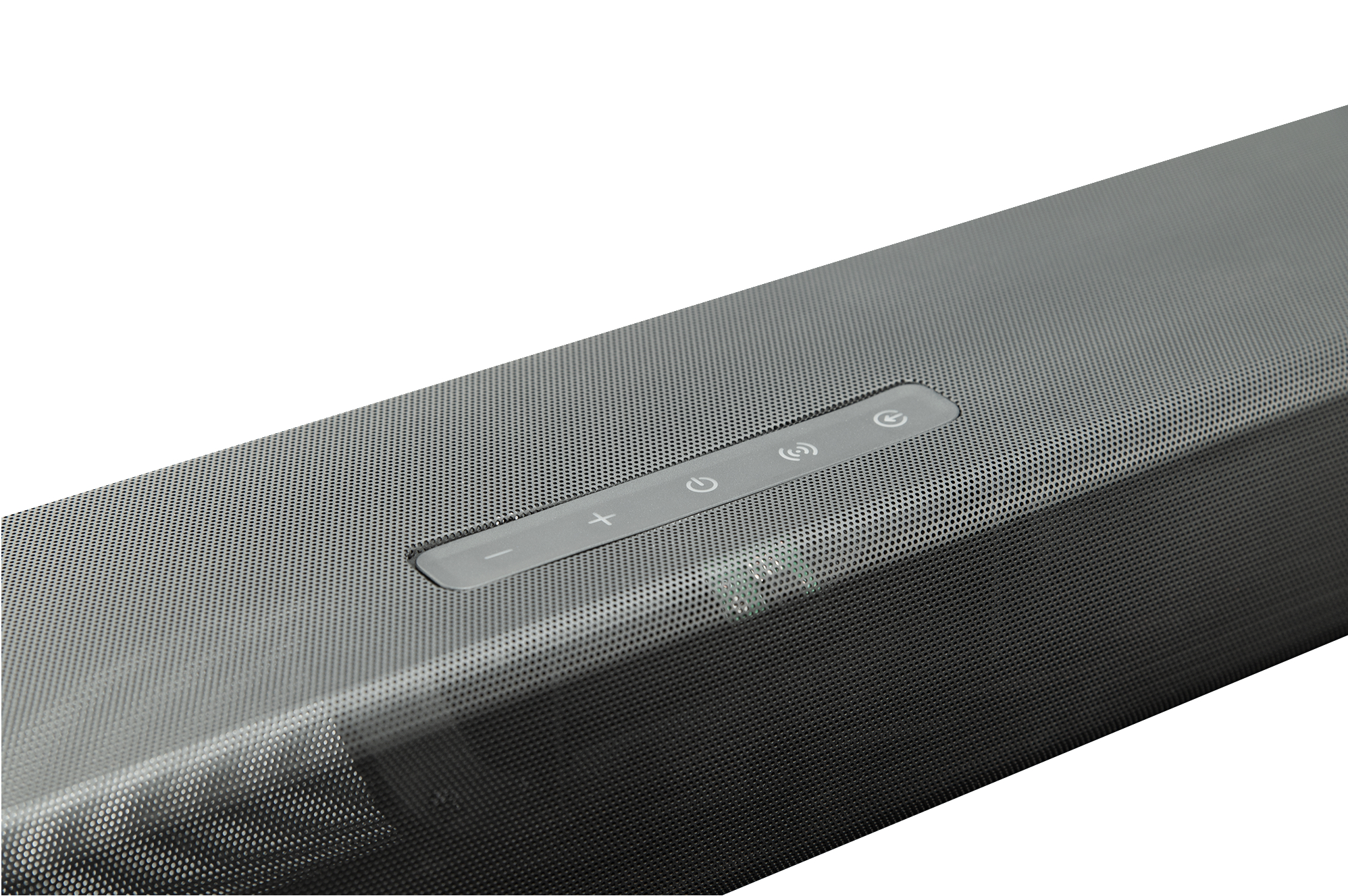 Nahaufnahme einer Soundbar mit einem Ein-/Ausschalter und Lautstärkereglern.