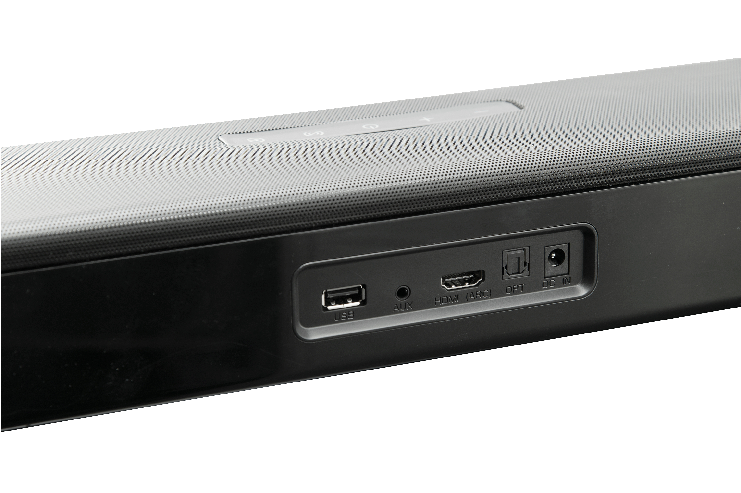Soundbar mit Anschlüssen. USB, AUX, HDMI, optisch und DC-in sichtbar.