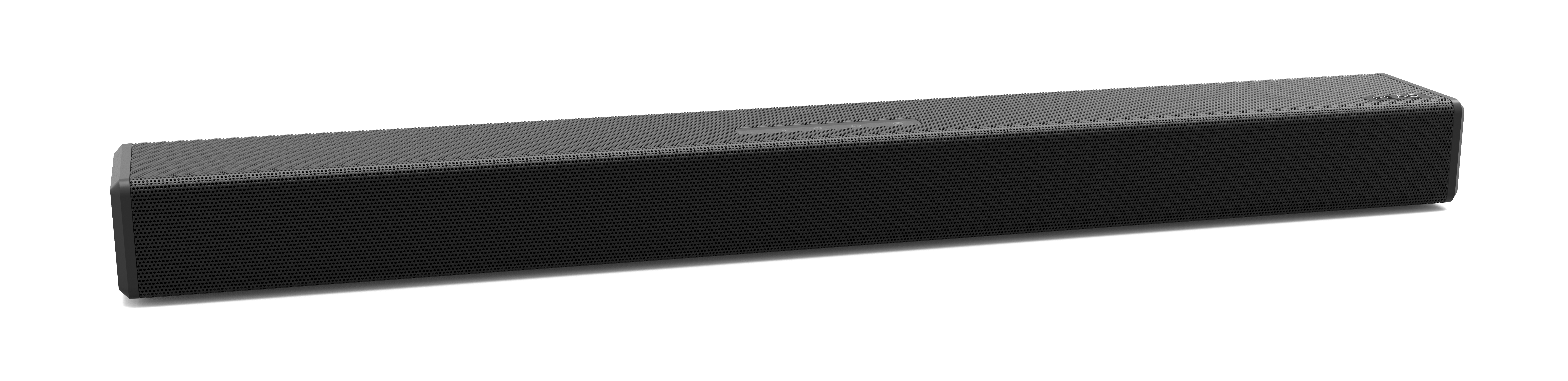 Schwarze Soundbar auf weißem Hintergrund, ein langes, rechteckiges Design.