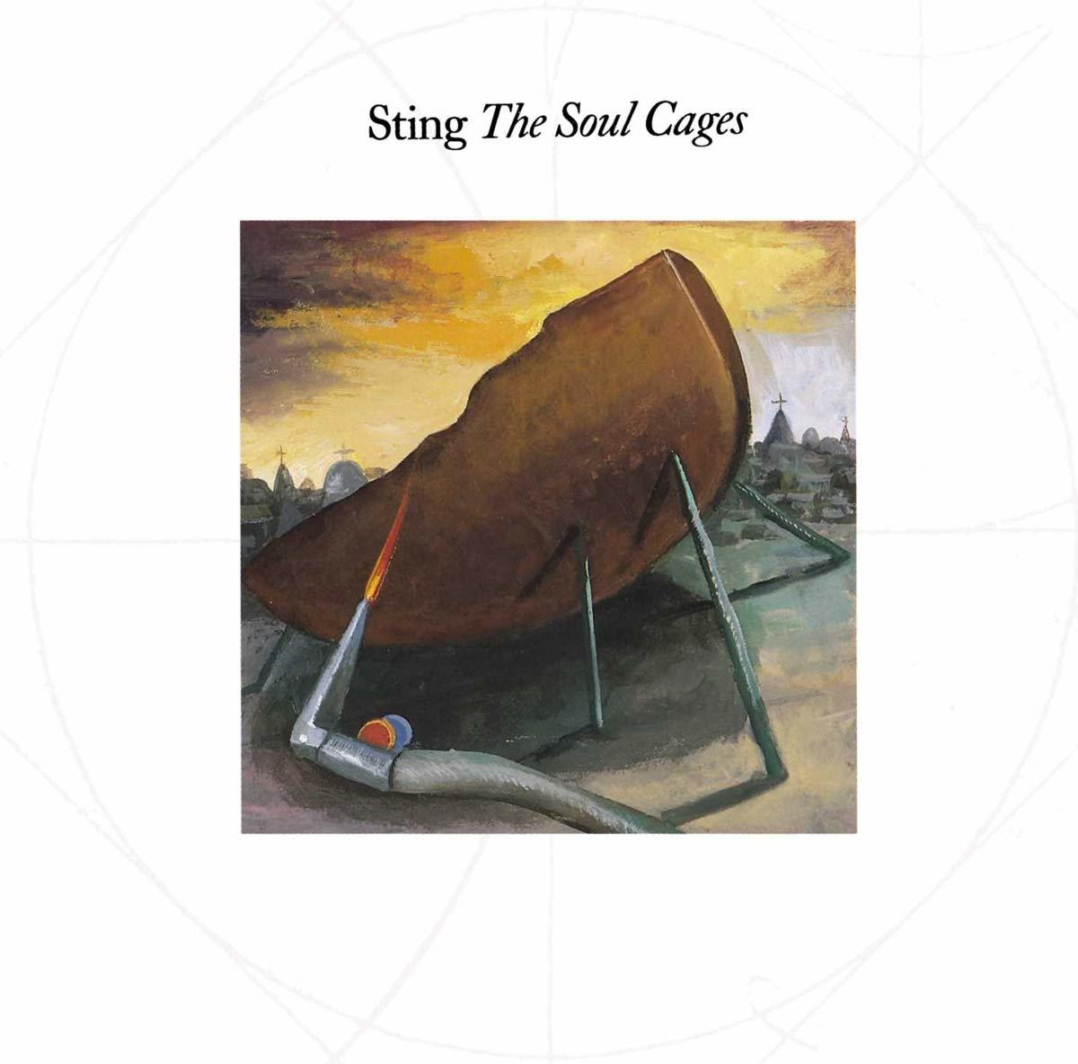 Albumcover mit einem Gemälde einer skulpturartigen Form und einer Landschaft. Weißer Hintergrund.