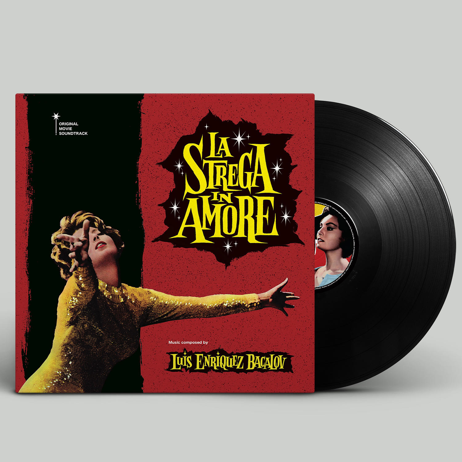 Eine Schallplatte mit Cover-Art, die eine Frau in Gold und den Titel in Gelb zeigt: La Strega in Amore.
