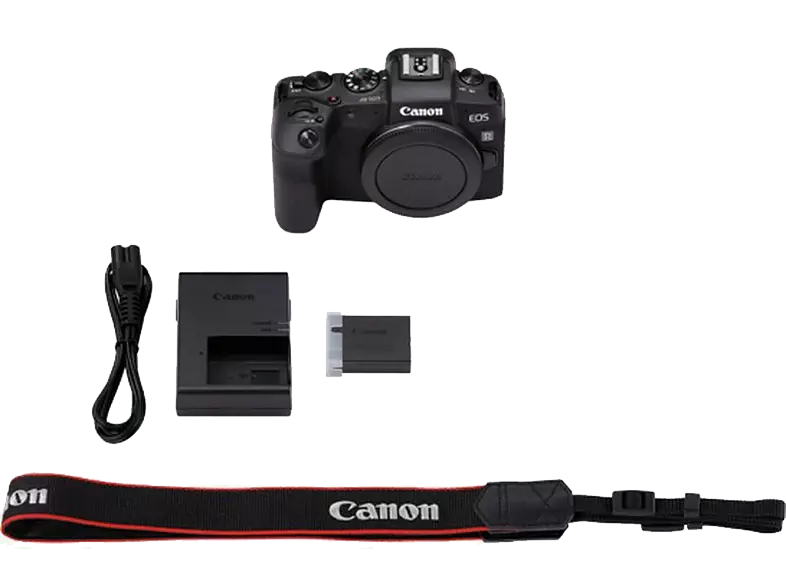 Schwarze Canon EOS R Kamera und Zubehör: Ladegerät, Akku und Gurt.