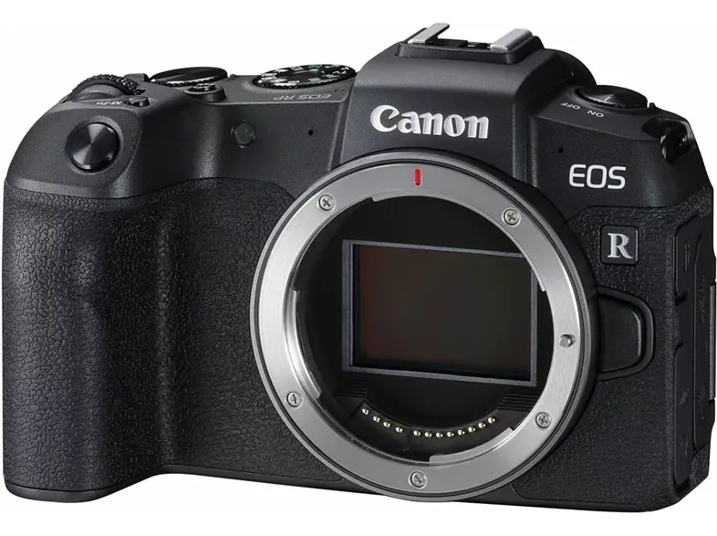 Schwarze Canon-Kamera, Objektiv offen, mit Canon EOS R-Etikett.