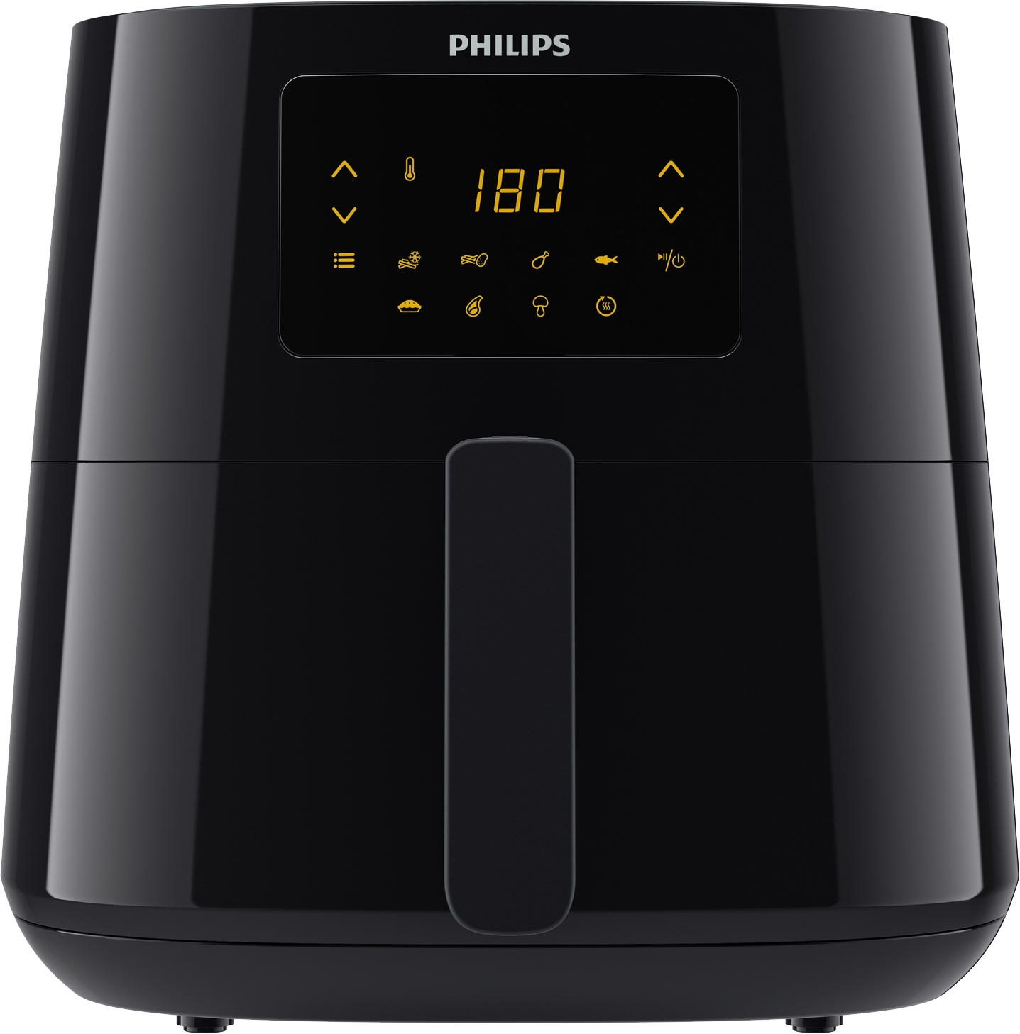 Zwarte airfryer met digitaal display en handvat.