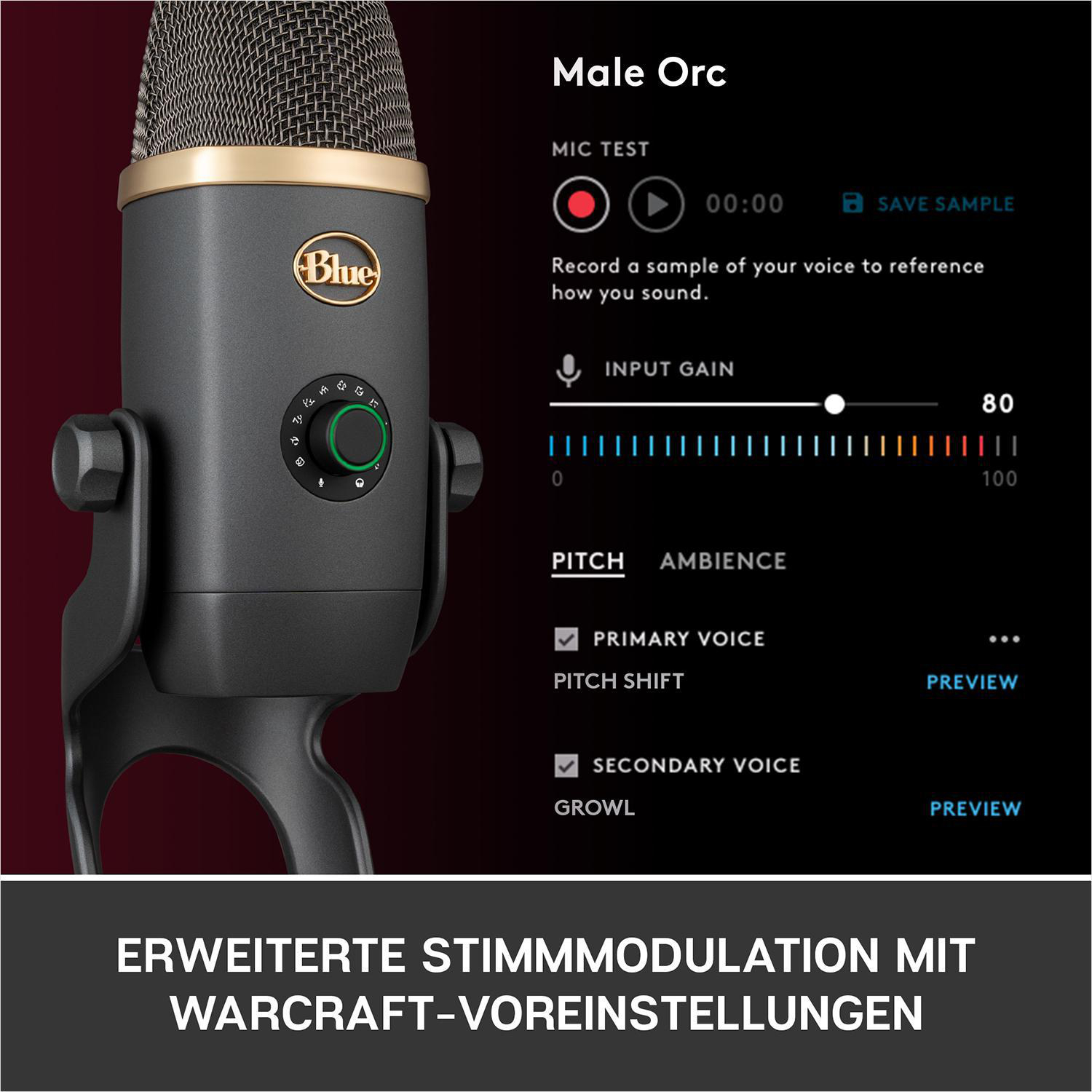 Nahaufnahme eines blauen Mikrofons mit goldener Einfassung. Ein Bildschirm zeigt Sprachmodulations-Einstellungen.